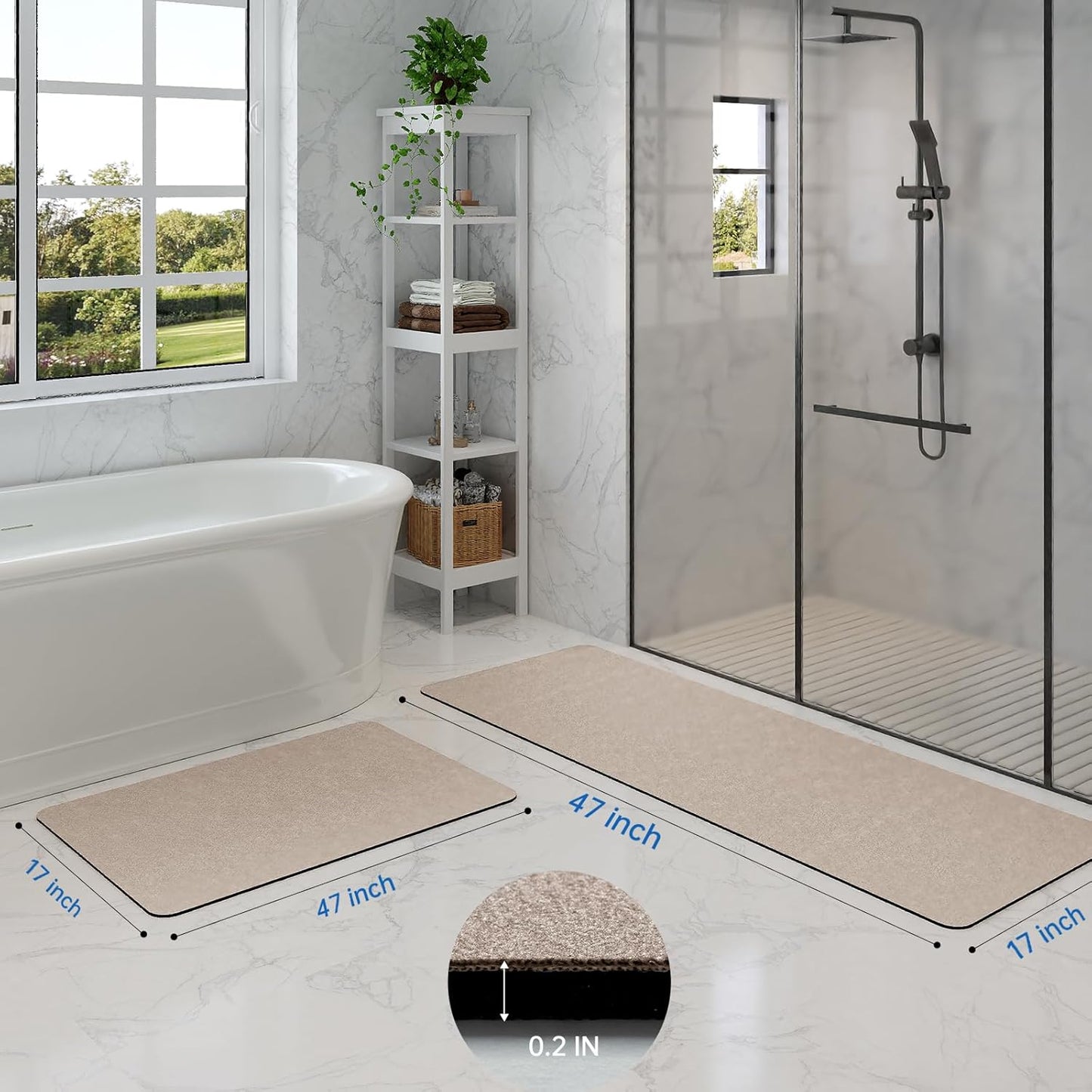 Bathroom Mat Rugs Sets 2 Piece - Quick Dry Super Absorbent Bath Mat for Bathroom Diatomaceous Earth Bathroom Rugs with Rubber Backing Non-Slip Bath Mat Rugs for Shower Floor, 47x17 + 24x17, Taupe