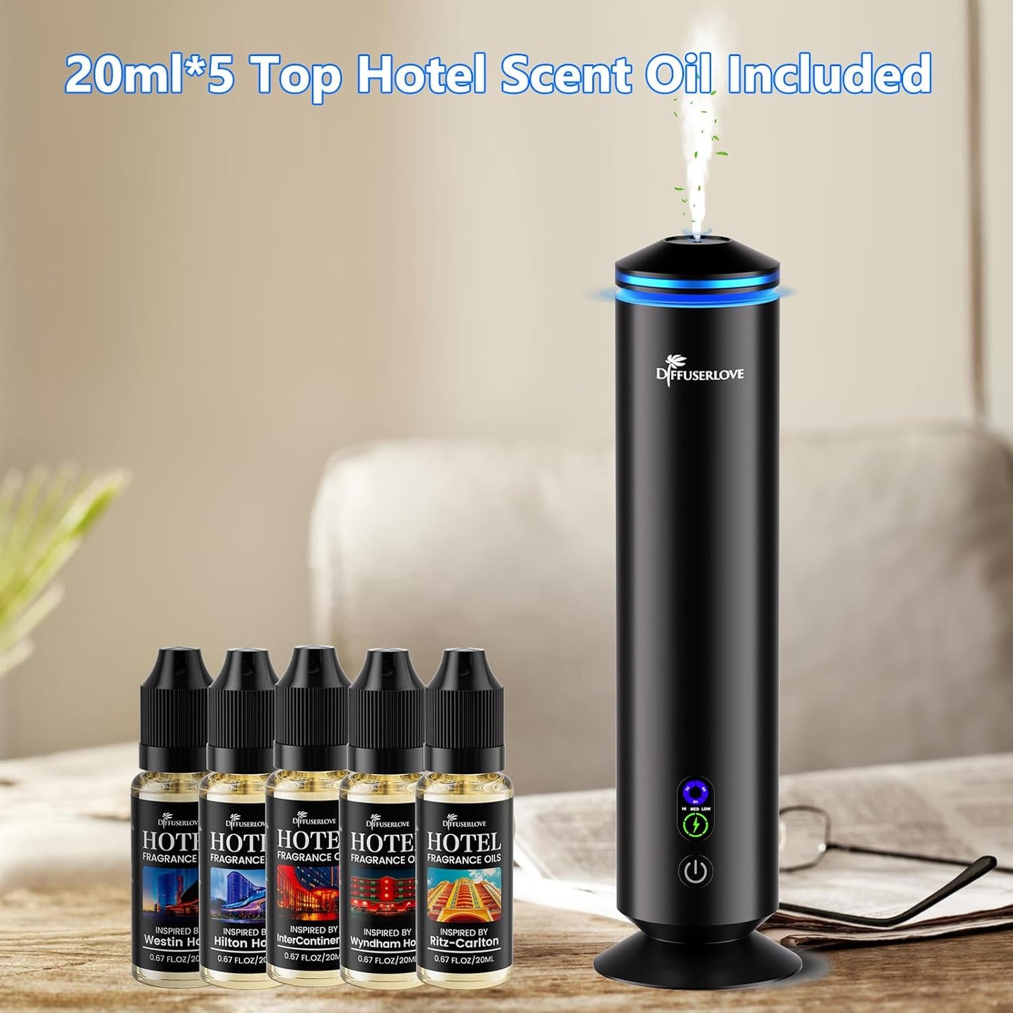 Diffuserlove Full Metal Body Waterless Scent Diffuser with 5 Hotel Scent Oils Hotel Collection Diffuser Waterless Aromatherapy Essential Oil Diffuser UP to 2000 Sq Ft Coverage for Home Office