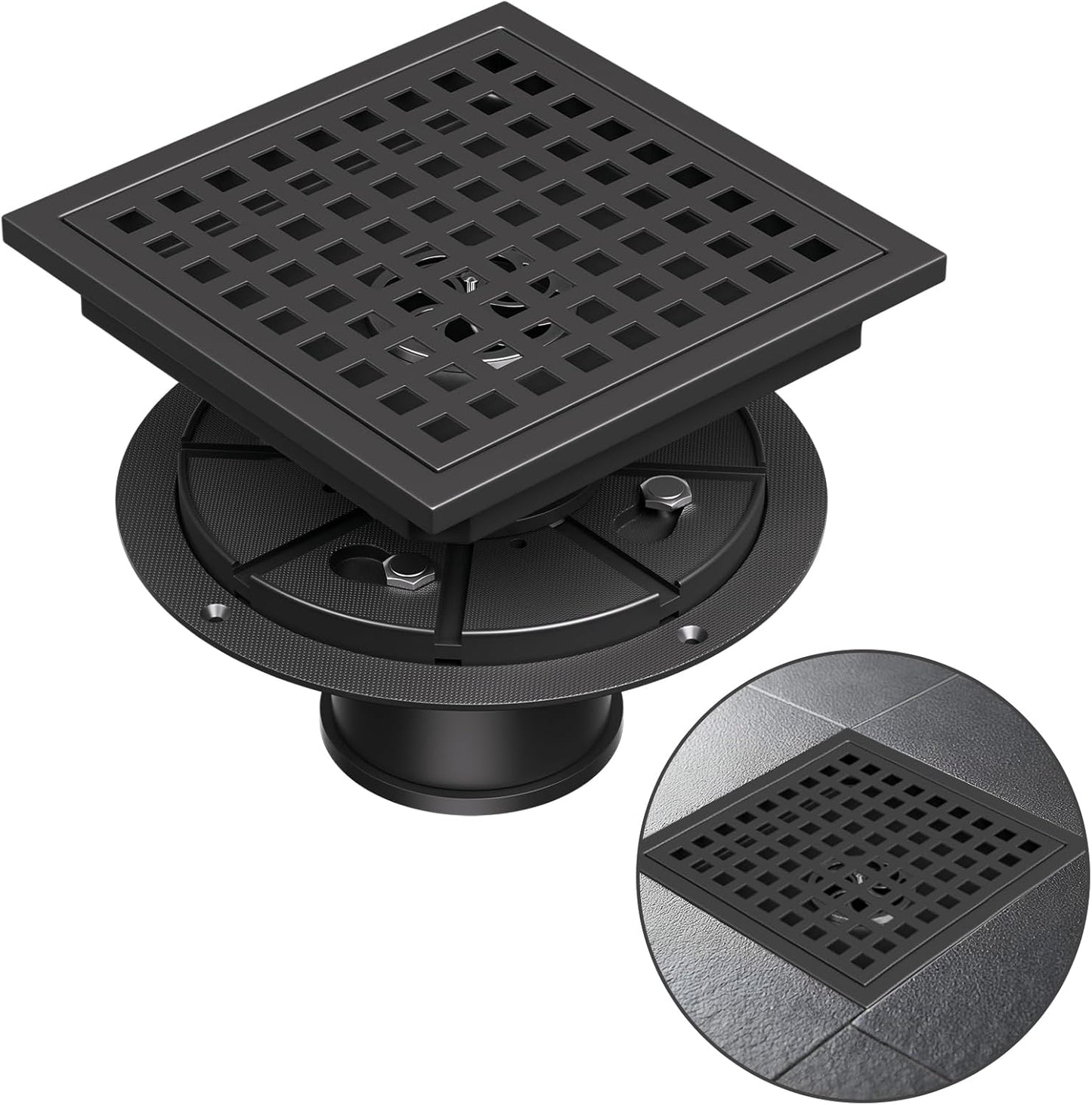 Square Shower Floor Drain with Flange, 4 Inch Matte Black Shower Drain Hair Catcher, SUS304 Stainless Steel Floor Drain Strainer, Shower Drain Cover