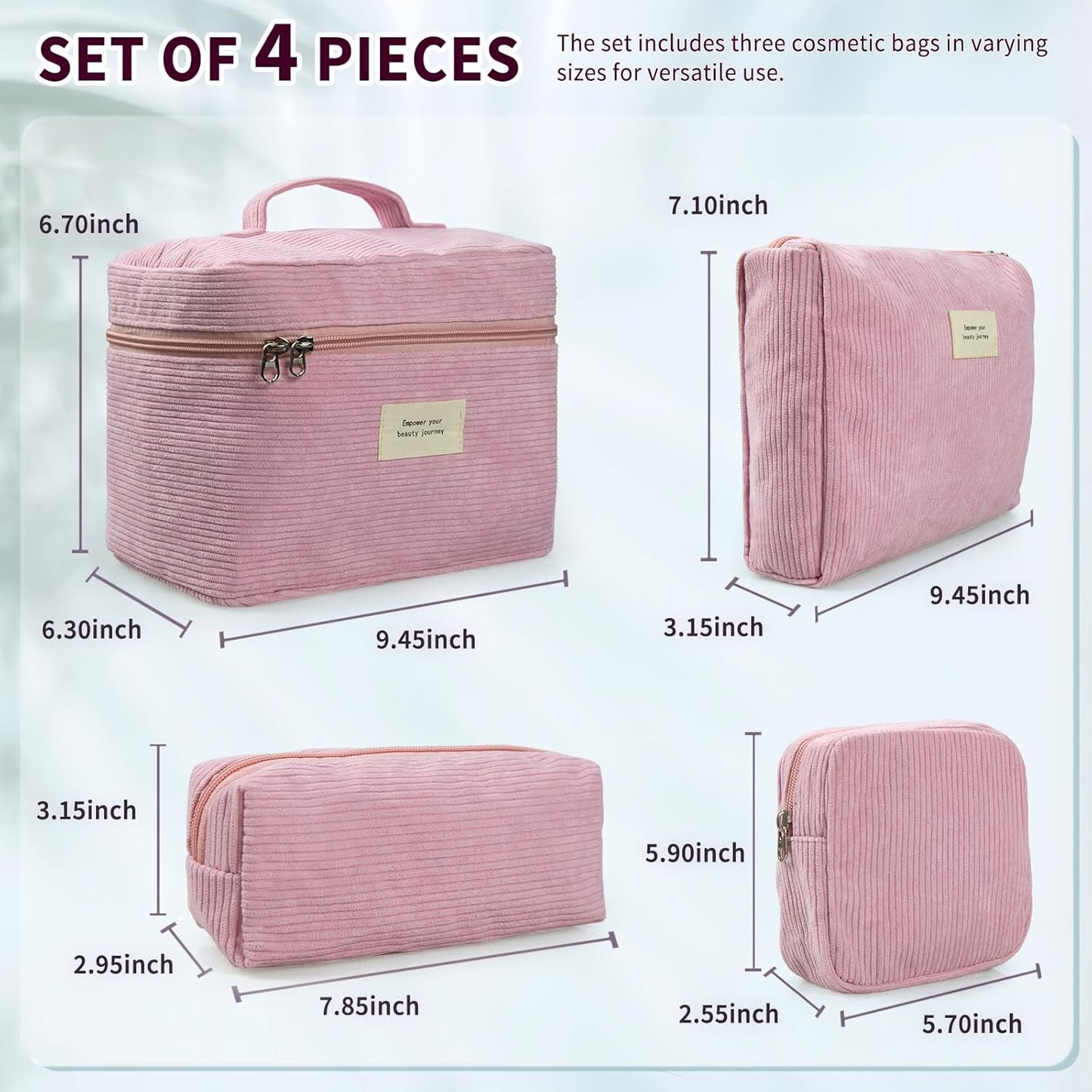 4 Pcs Makeup Bag for Women Corduroy Cosmetic Bag Aesthetic Cute Bags Multi Size Purse Pouch Travel Toiletry Bag Set Makeup Organizer with Zipper (PinkCorduroy)
