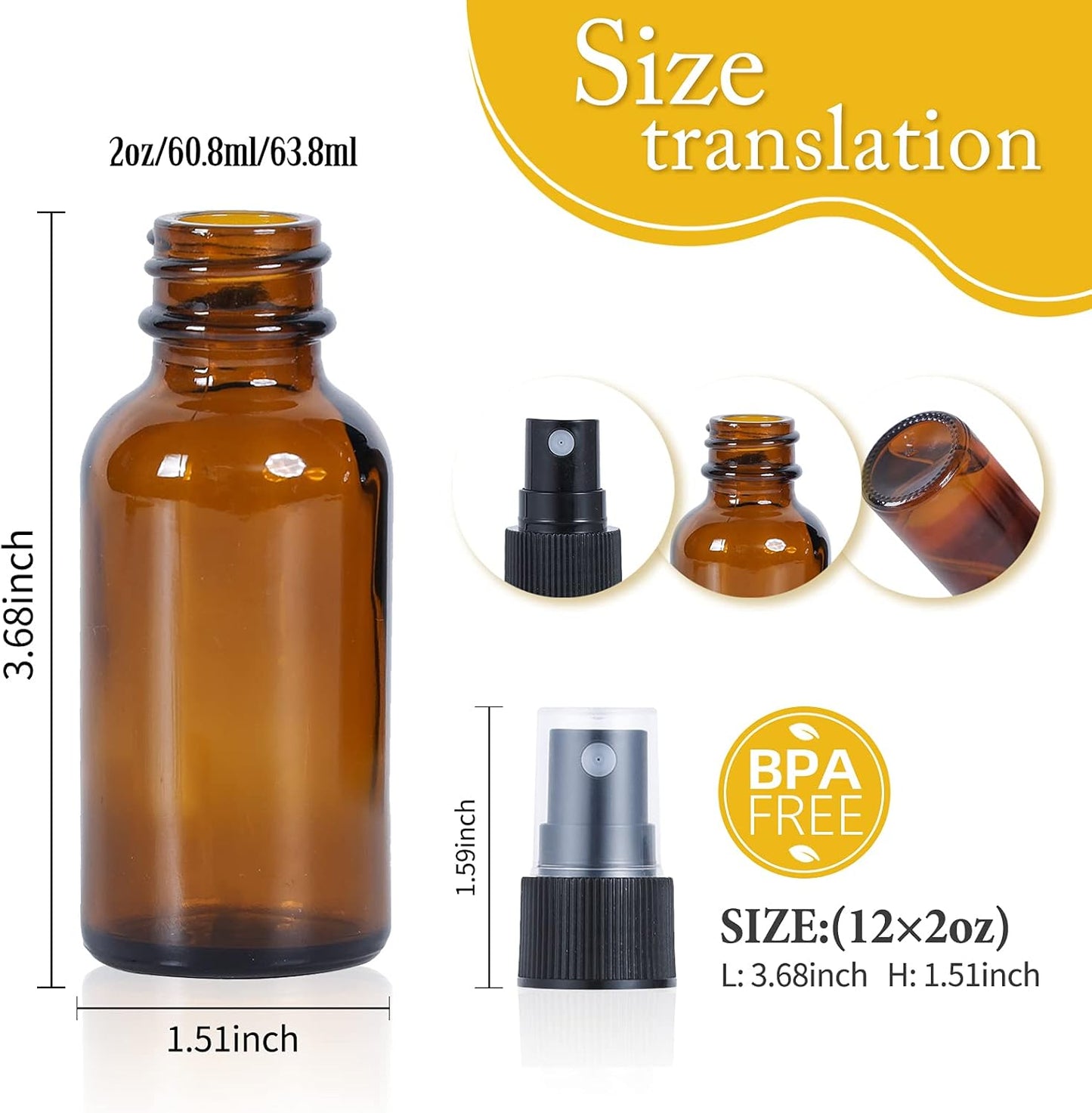 2oz Glass Spray Bottle, Fine Mist Boston Glass Bottles with Black Fine Mist Sprayer Small Clear Bottles for Essential Oils, Bath, Beauty, Hair & Cleaning, Amber, Pack of 12