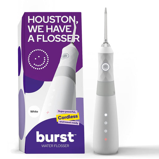 BURST Electric Water Flosser for Teeth Cleaning (3 Modes/White) | Cordless | Plaque Removal Between Braces & Dental Work | Portable Floss | Refillable 110mL Tank
