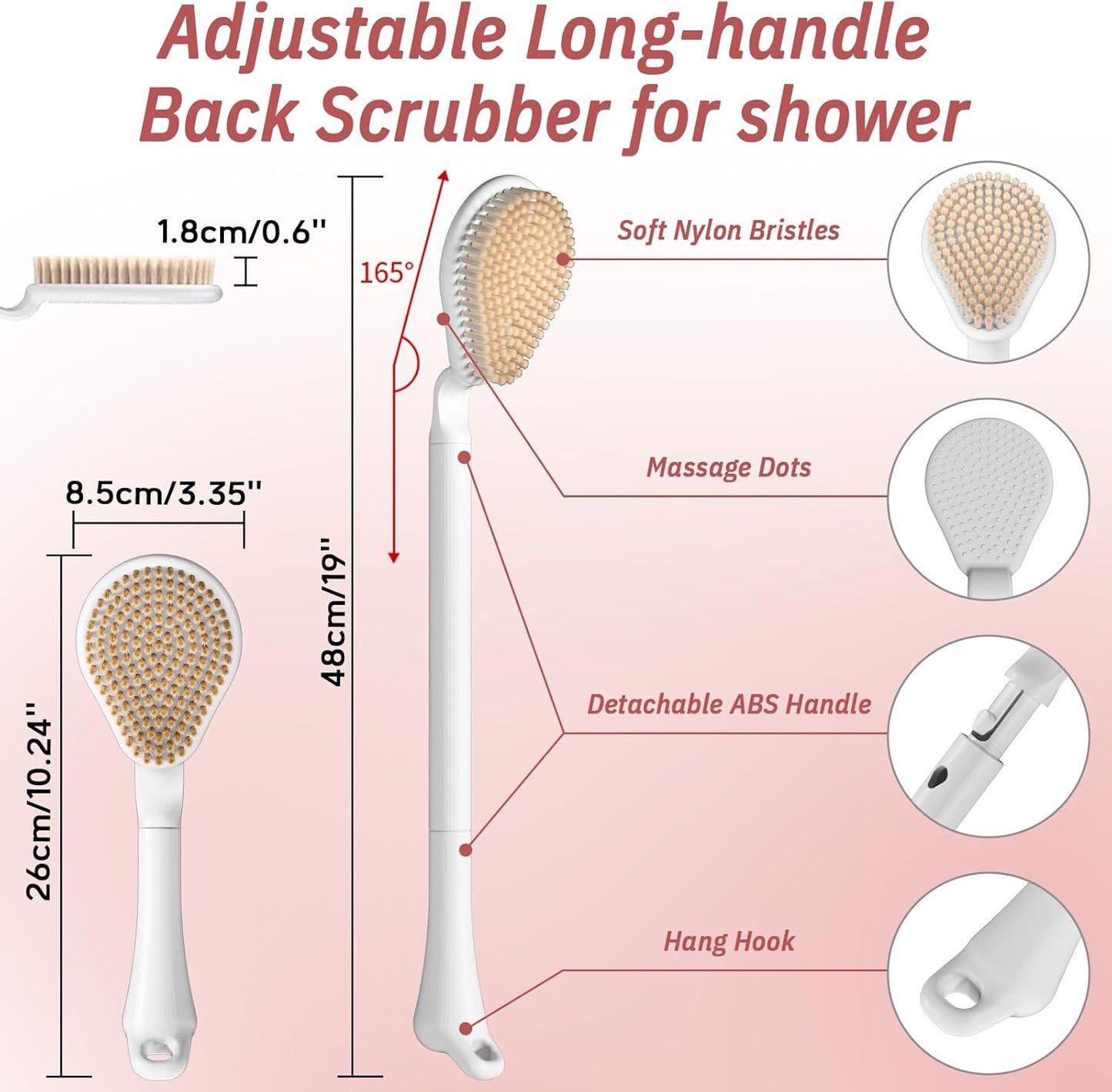 Back Scrubber for Shower, 19’’ Detachable Long Handle Shower Body Scrubber for Wet or Dry Brush, Adjustable 2-in-1 Back & Body Brush with Medium Soft Bristles for Deep Cleaning(White)