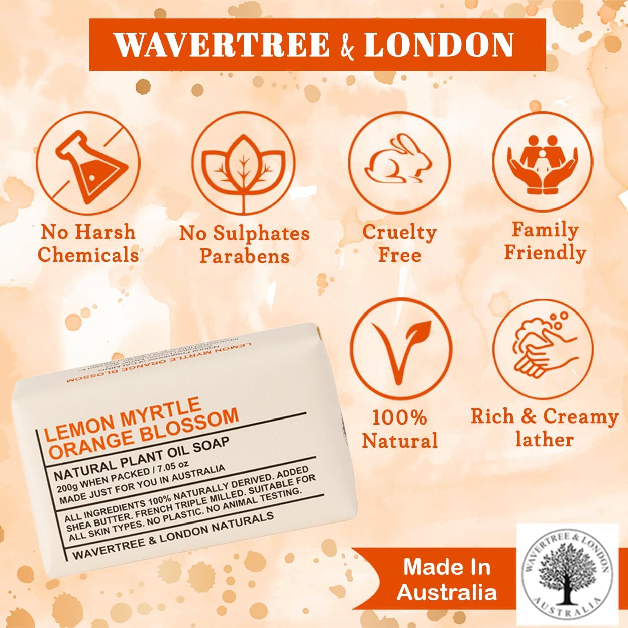 Wavertree & London Lemon Myrtle & Orange Blossom Scented 100% Natural Soap Bar, 7oz Moisturizing French Triple Milled Soap Bar for Women & Men enriched with shea butter - Pure Bath & Body soap bar