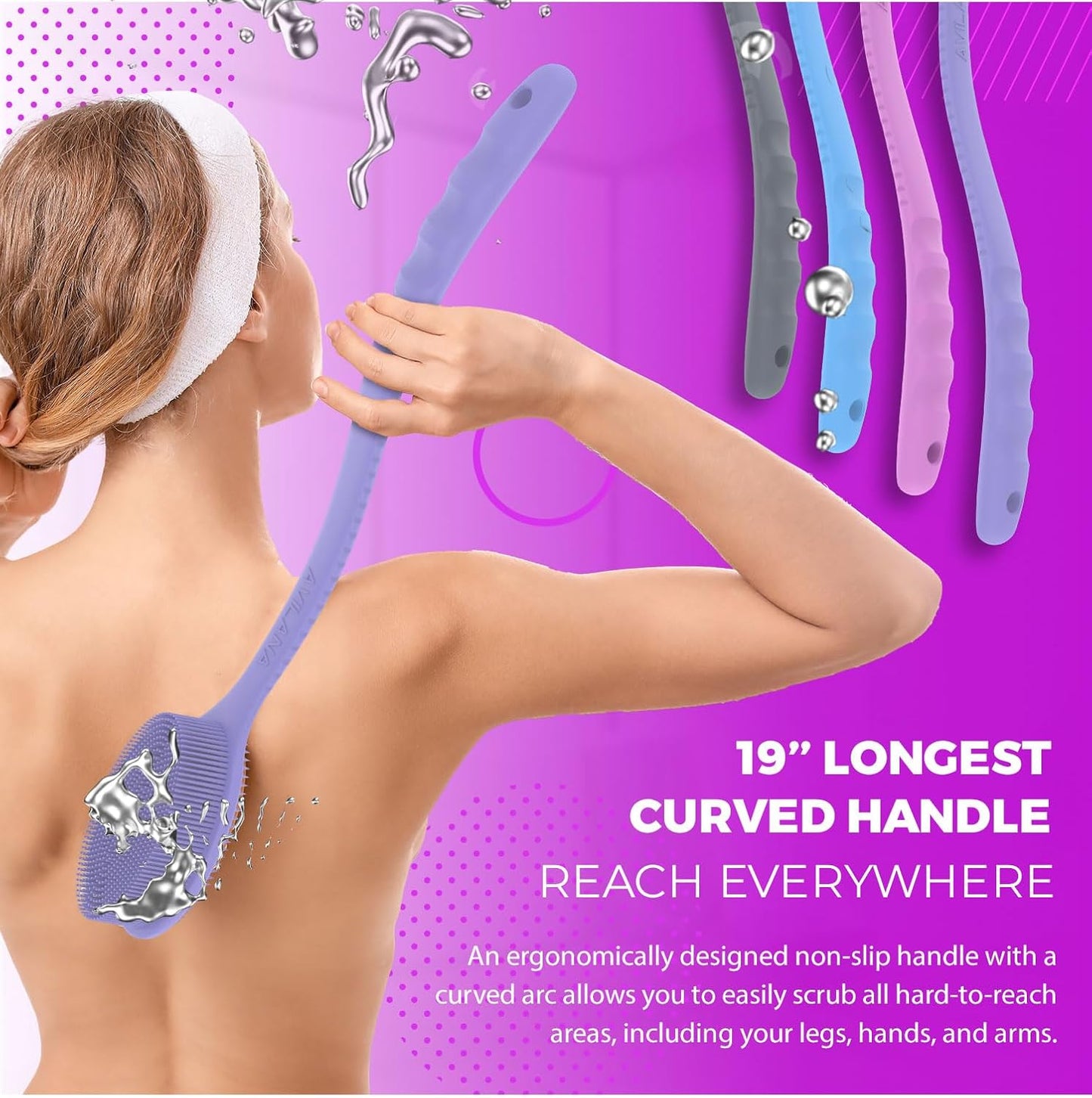 Avilana Silicone Body Scrubber - Food Grade & Lab Tested, Gentle Exfoliating Shower Brush for All Skin Types, Hygienic Quick-Dry Loofah Alternative (Dark Gray, Long Handle-Silver)