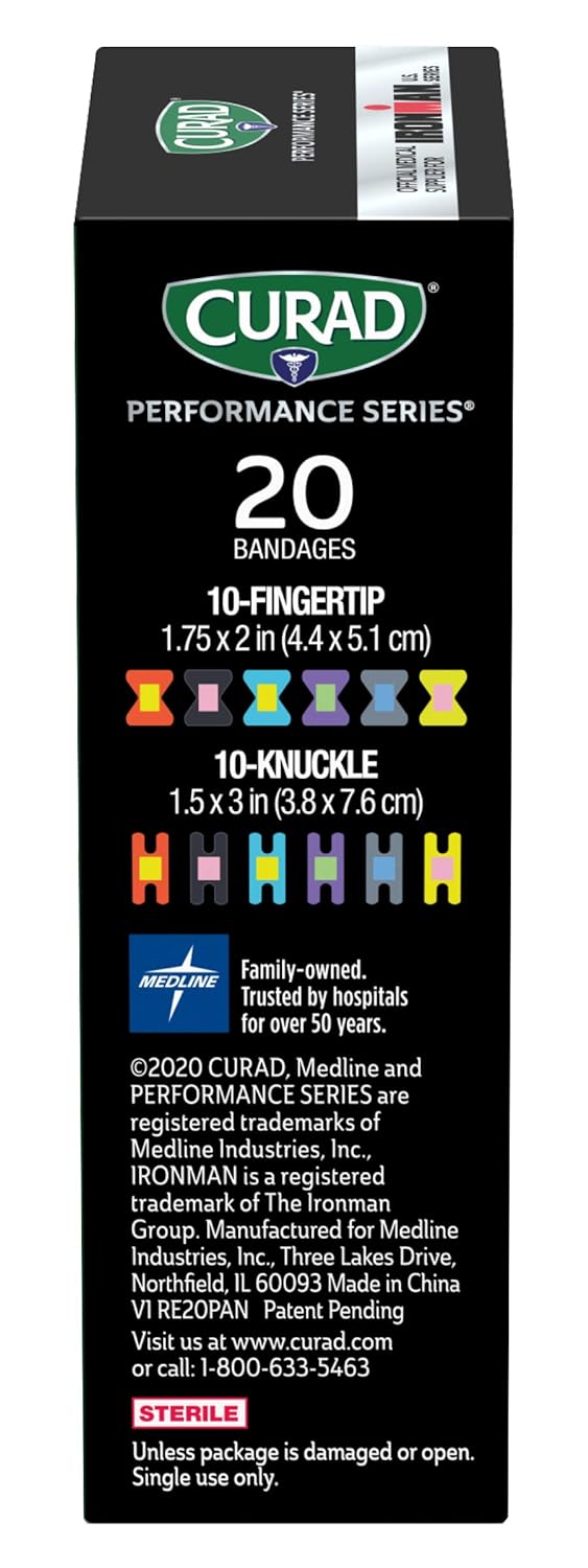 CURAD Performance Series IRONMAN Antibacterial Bandages, Extreme Hold Adhesive Technology, Finger & Knuckle Bandages, Flexible Fabric, Variety Pack with Assorted Sizes & Colors, ( Pack of 3)