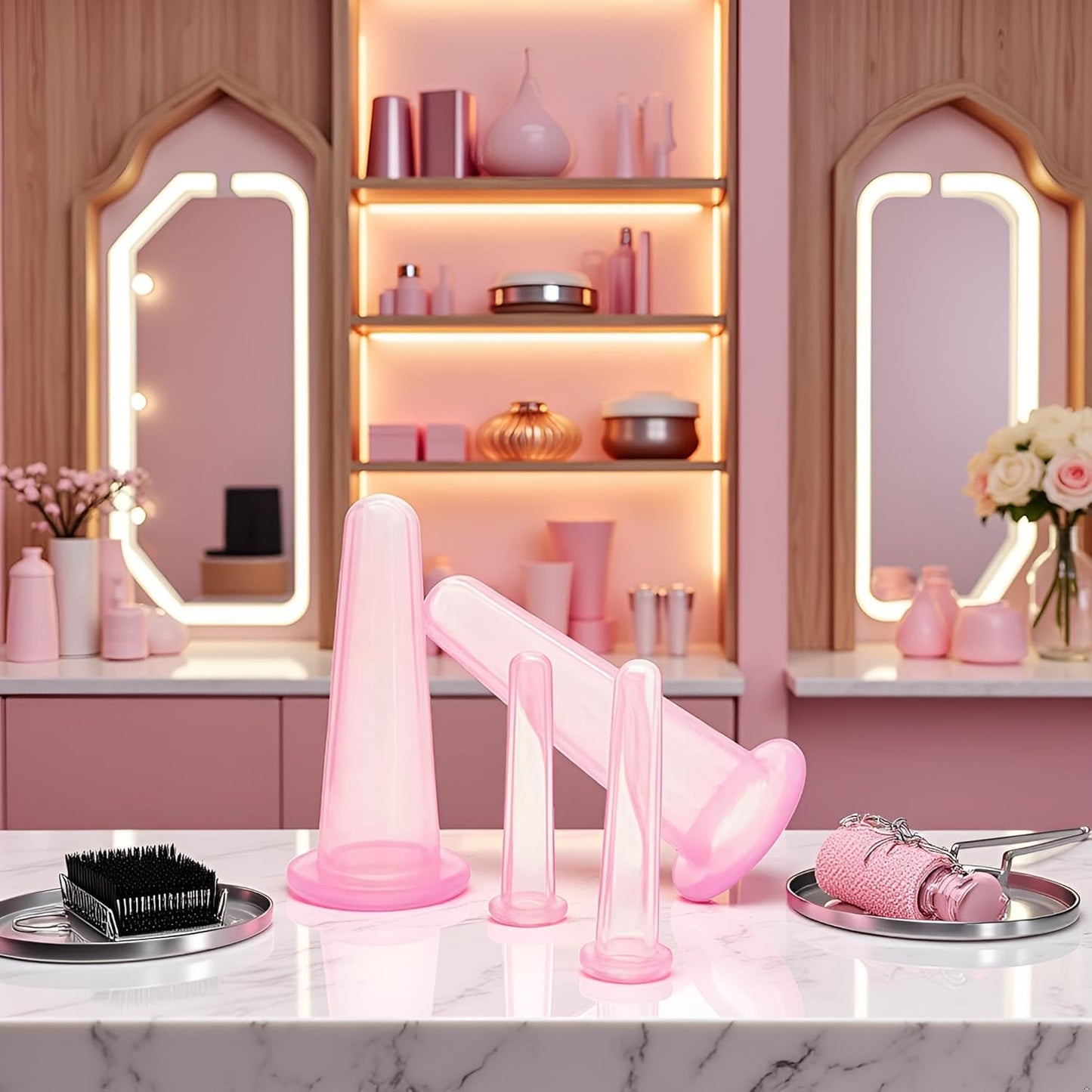 4Pcs Massage Cupping Set Silicone Mini Facial Cups Face Massager Helper Skin Care Neck Back Eyes Massaging Cup Safe to Use, Don't Worry About Burns Health Care Products (Pink)