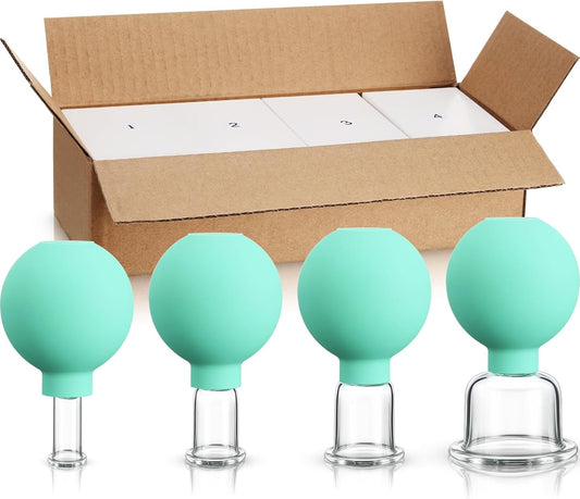 BBTO 4 Pieces Glass Cupping Set Glass Silicone Cupping Cups Massage Vacuum Suction Cupping Cups for Body Face Leg Arm Back Shoulder Muscle and Joint Pain (Mint Green)