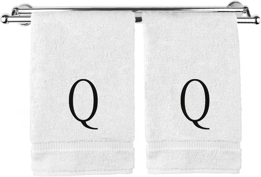 Monogrammed Hand Towel, Personalized Initial Gift, Extra Absorbent 100% Turkish Cotton - Soft Terry Finish - Set of 2 - Black Block Initial Q - Embroidered on White Towels