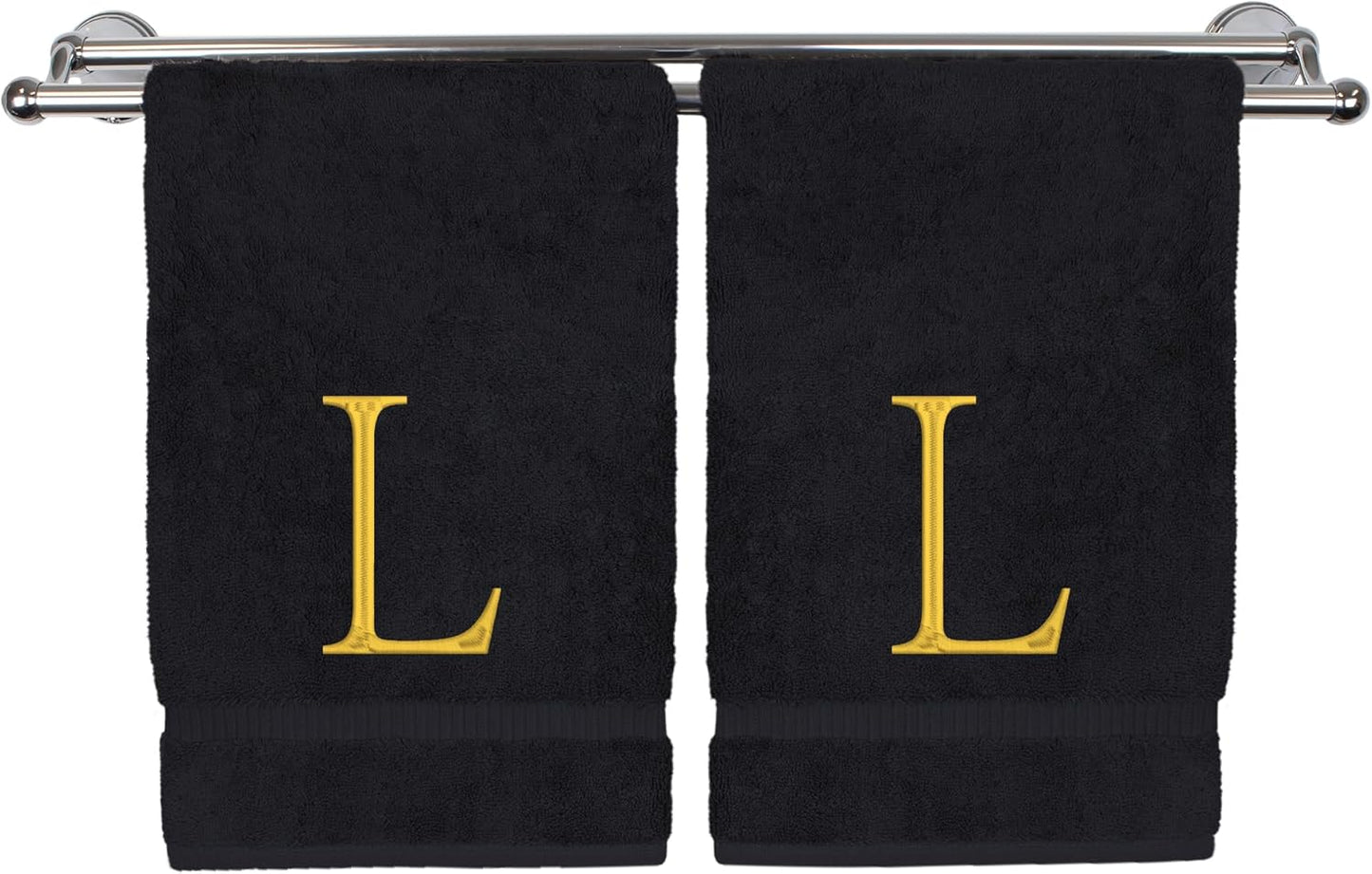Monogrammed Hand Towel, Personalized Initial Gift, Extra Absorbent 100% Turkish Cotton - Soft Terry Finish - Set of 2 - Gold Block Initial L - Embroidered on Black Towels