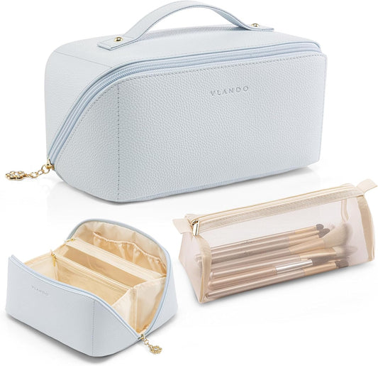 Vlando Makeup Bag,Large Capacity Toiletry Bag for Women Waterproof Portable Make up Pouch PU Leather Open Flat Cosmetic Bag(Baby Blue)