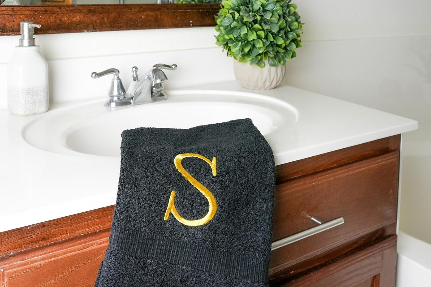 Black, Letter Hand Towel for Bathroom - Monogrammed Initial Hotel Quality Decorative Embroidered Towel for Powder Room, Spa - GOTS Organic Certified - Pack of 2 - Letter S