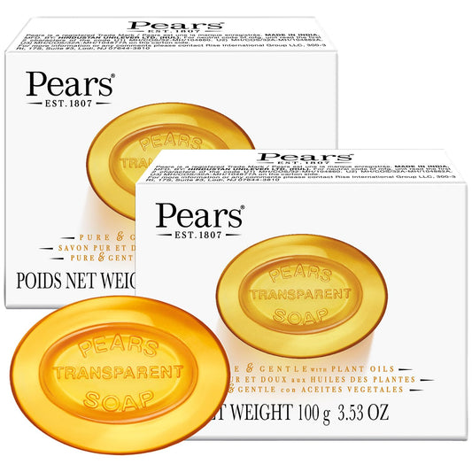 Pears Glycerin Soap, Transparent Amber with Natural Oils, 2-Pack – Pure & Gentle Cleanser for Soft, Glowing Skin, 3.53 Oz Ea