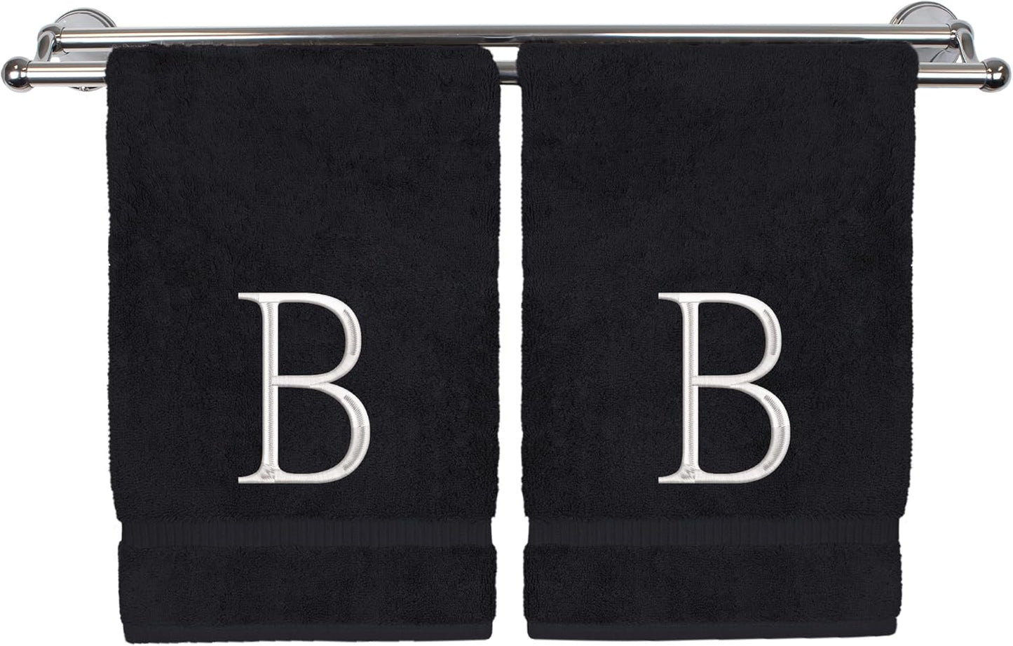 Monogrammed Hand Towel, Personalized Initial Gift, Extra Absorbent 100% Turkish Cotton - Soft Terry Finish - Set of 2 - White Block Initial B - Embroidered on Black Towels