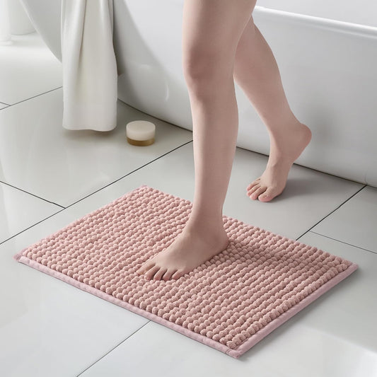FRESHMINT Thick Chunky Chenille Bathroom Rugs 17"x24", Non Slip Bath Mat for Bathroom Floor, Large Soft Bathroom Decor Accessories, Cute Shower Mat Water Absorbent, Washable, Dusty Pink