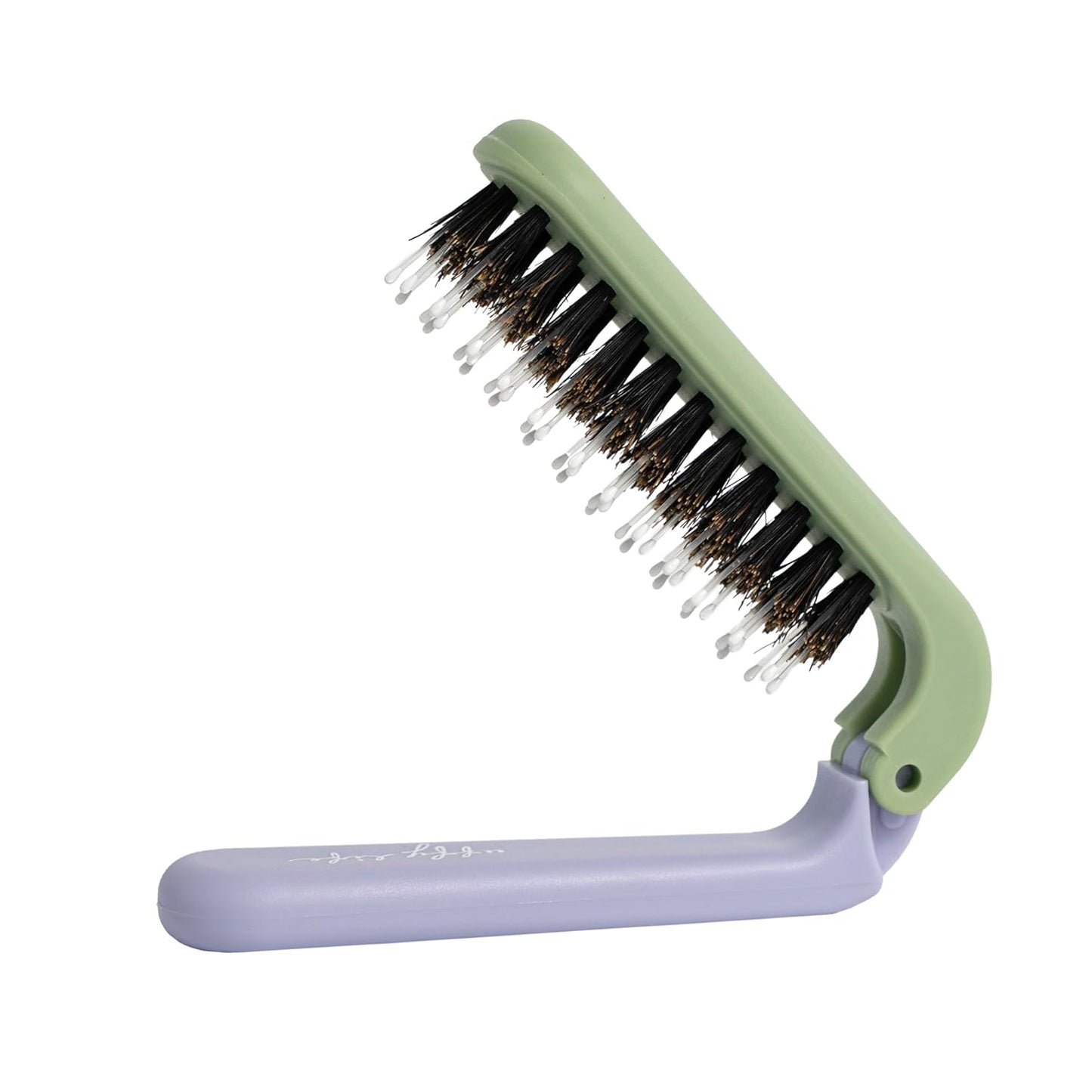 Uffy MiniPop Travel Hair Brush – Mini Folding Boar Bristles for Women, Men & Kids | Kid-Friendly Compact Comb for Wet & Dry Hair, Curly or Straight | Pocket-Size Detangler - Pistachio on Lavender