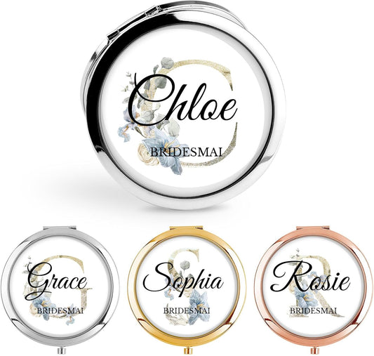 Personalized Compact Mirror – Custom Pocket Mirror with Name, Monogram Travel Purse Mirror for Women, Bridal Shower Favors & Bridesmaid Gifts, Portable Makeup Accessory (Initials)