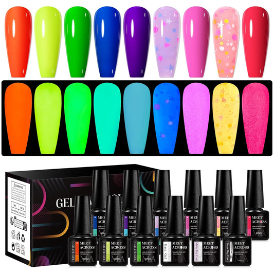 MEET ACROSS 9 Colors Gel Nail Polish + 3PCS Function Gel Nail Polish Kit,Fashion Nail Art Set Design Gifts for Women Manicure Salon (SET14, 12pcs)