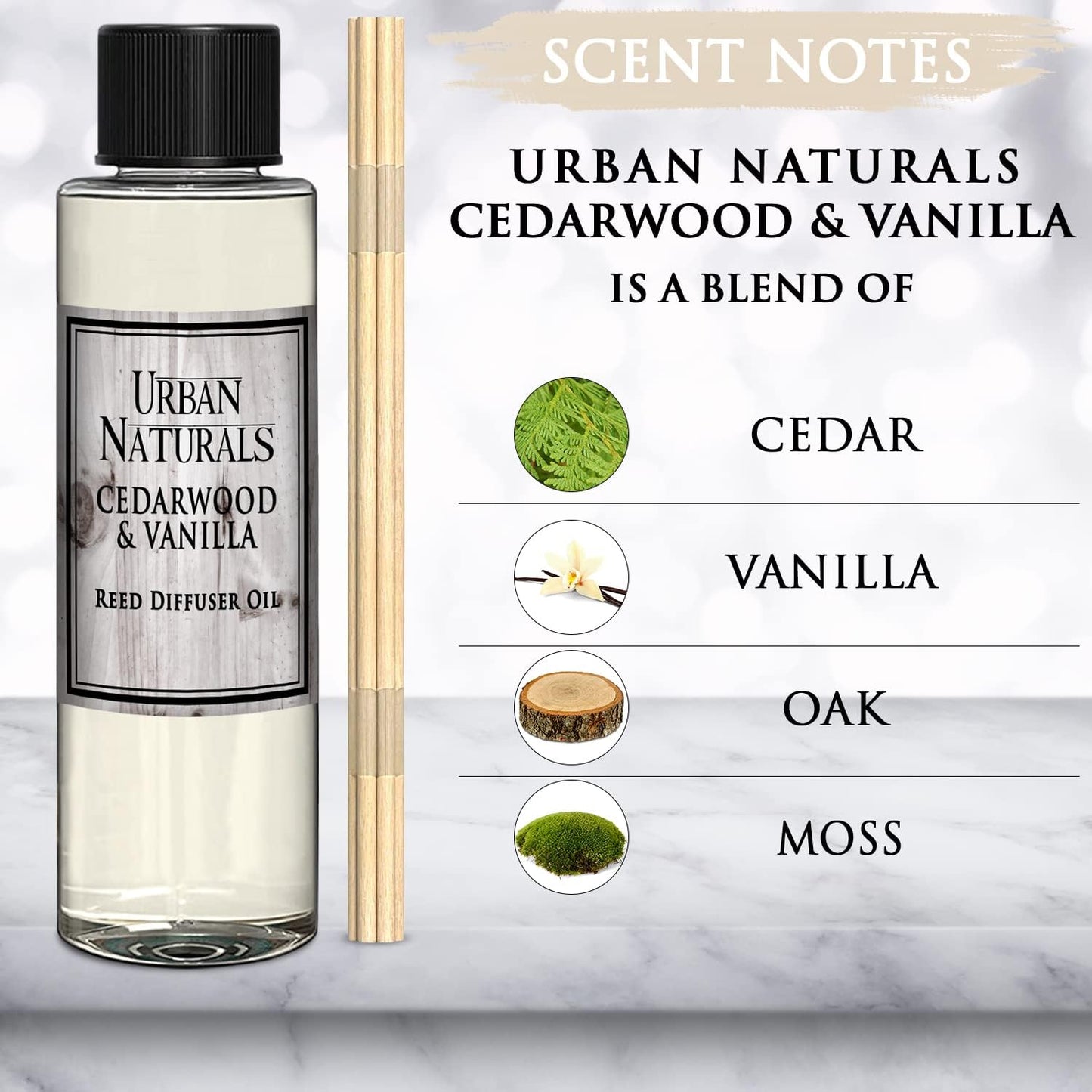 Urban Naturals Reed Diffuser Oil Refill, Cedarwood Vanilla Fragrance Oil with Oak, Cedar, Vanilla, 4 oz + Free Reed Sticks, Made in The USA