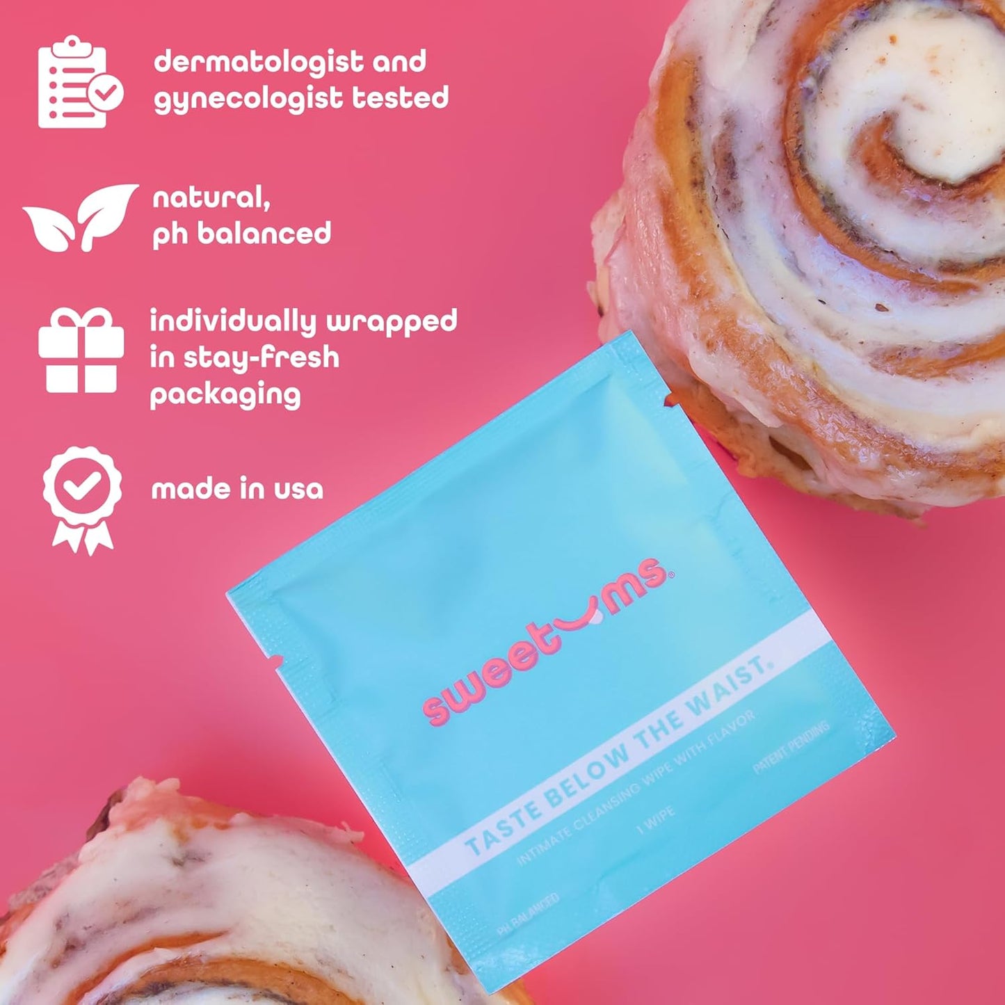 Feminine Wipes For Women, Individually Wrapped - pH Balanced Biodegradable Flavored Intimate Wipes - Cinnamon Bun, Pack of 10