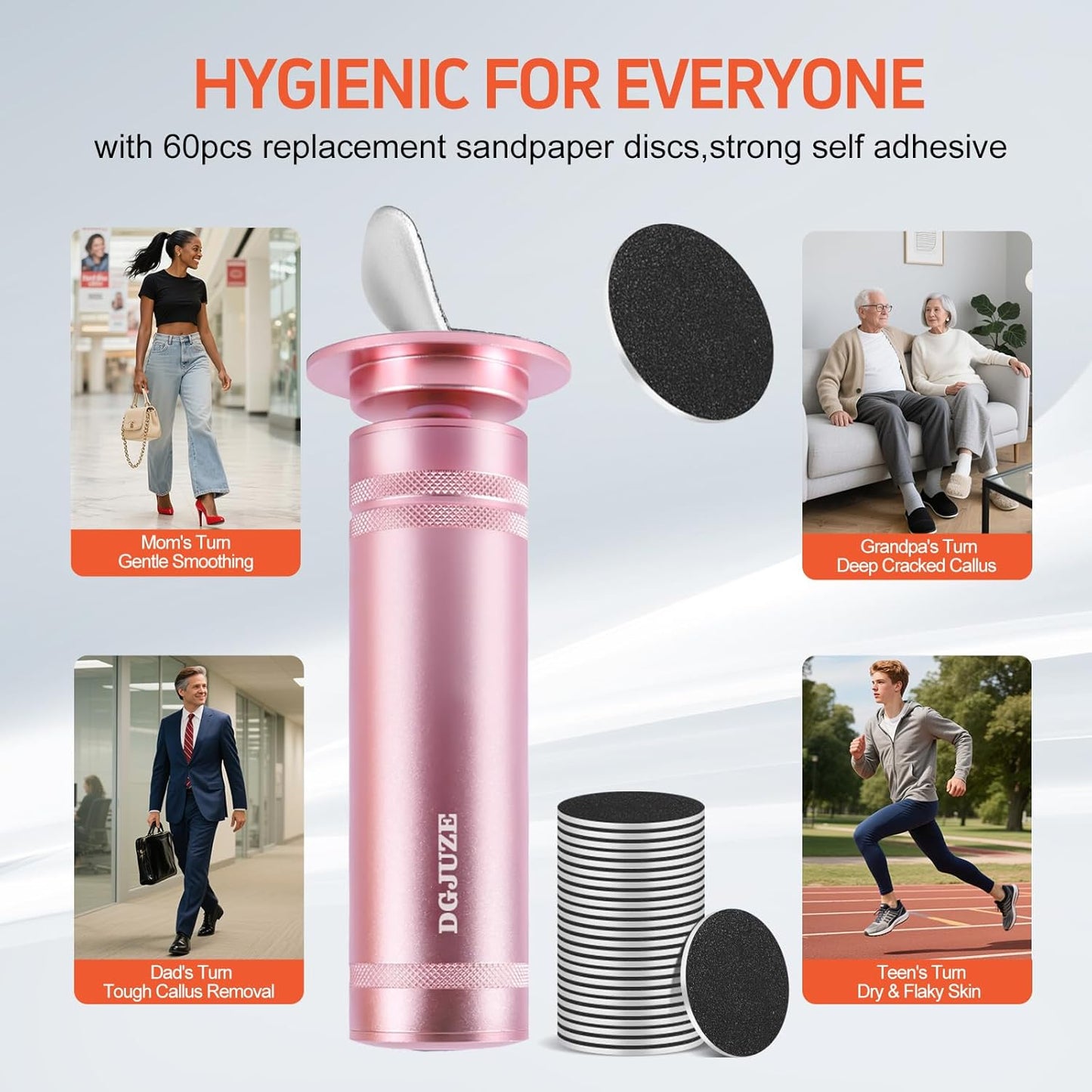 PowerPro Electric Foot Callus Remover 36W Professional 1200rpm Adjustable Speed Metal Feet Grinder Automatic Heel Sander with 60pcs Replacement Sandpaper Discs for Home Use (Pink)