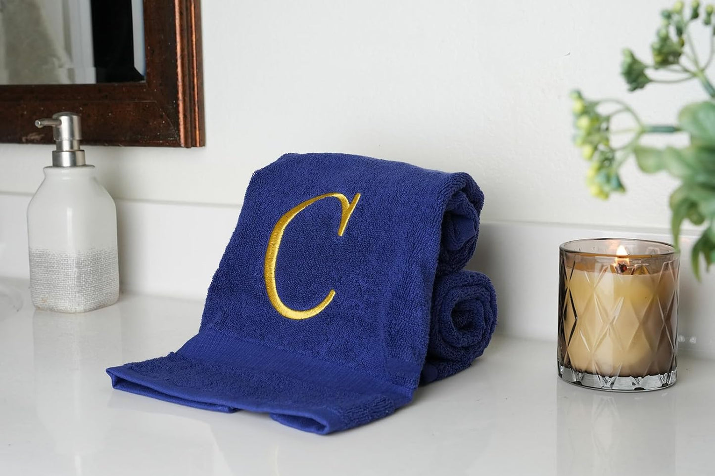 Navy Initial Hand Towel for Bathroom - Monogrammed Luxury Hotel Quality Decorative Embroidered Towel for Powder Room, Spa - GOTS Organic Certified - Set of 2 Letter C
