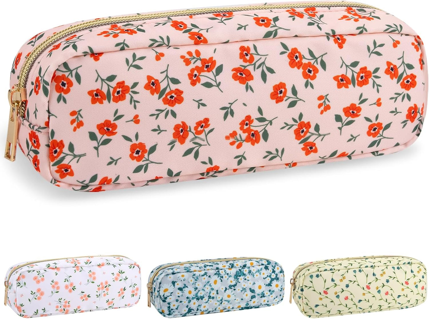 Nylon Small Floral Makeup Bag Slim Pouch, Preppy Cute Makeup Brush Bag Pink Makeup Bag Flower Cosmetic Zipper Pouch for Purse, Waterproof Travel Toiletry Bag Make Up Organizer for Women(Pink-Floral)