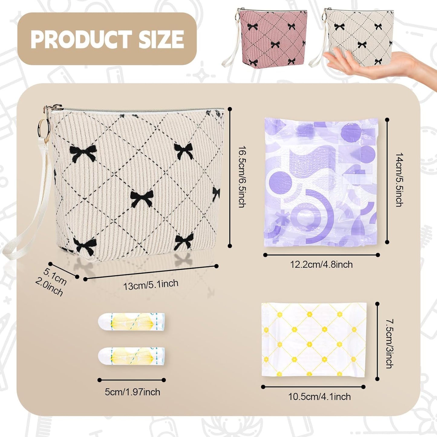 Bow Period Bag for Teen Girls, Corduroy Cute Sanitary Napkin Storage Bag with Wristlet, Menstrual Pad Pouch Tampon Holder for Backpack (Beige)