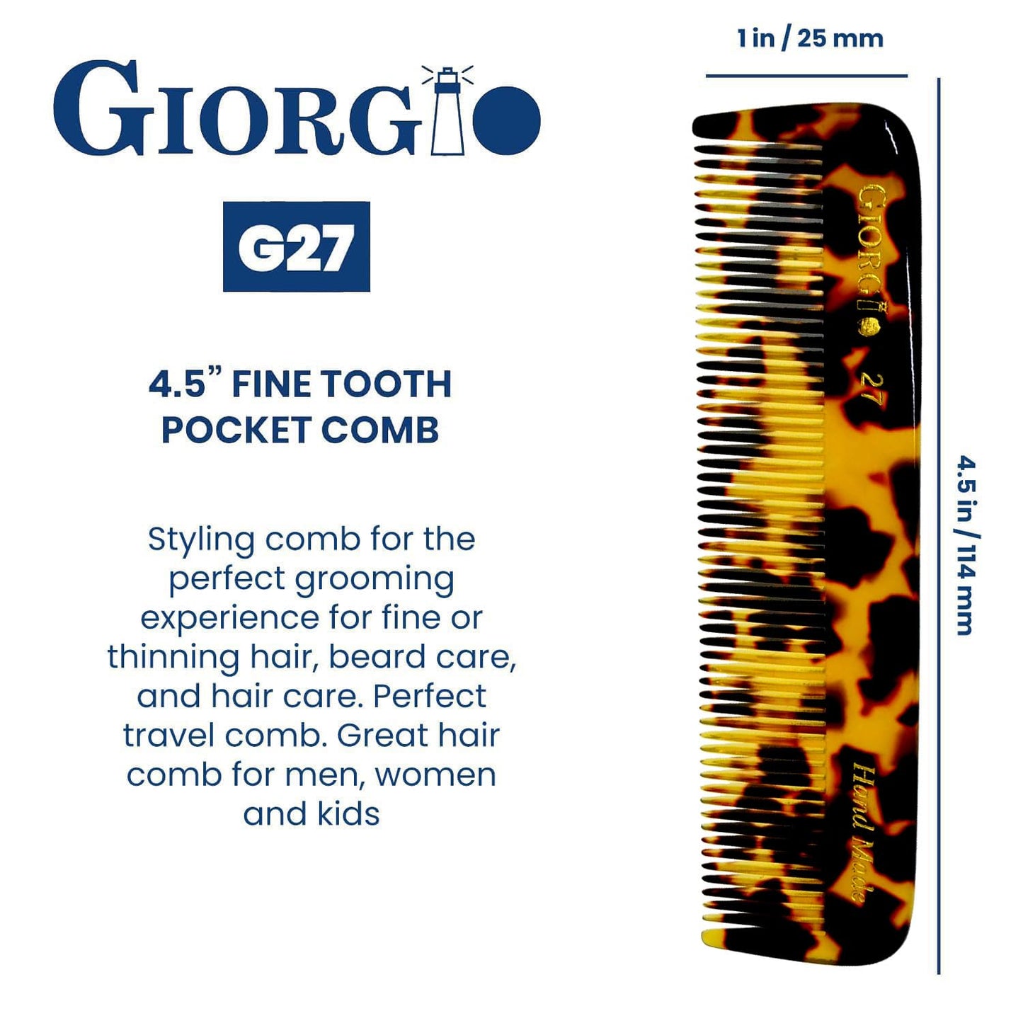 Giorgio G27 Handmade All Fine Tooth Pocket Comb, Hair Comb Straightener for Everyday Grooming Styling Hair, Mustache and Beard for Men Women and Kids, Use Dry or with Balms, Saw Cut and Polished