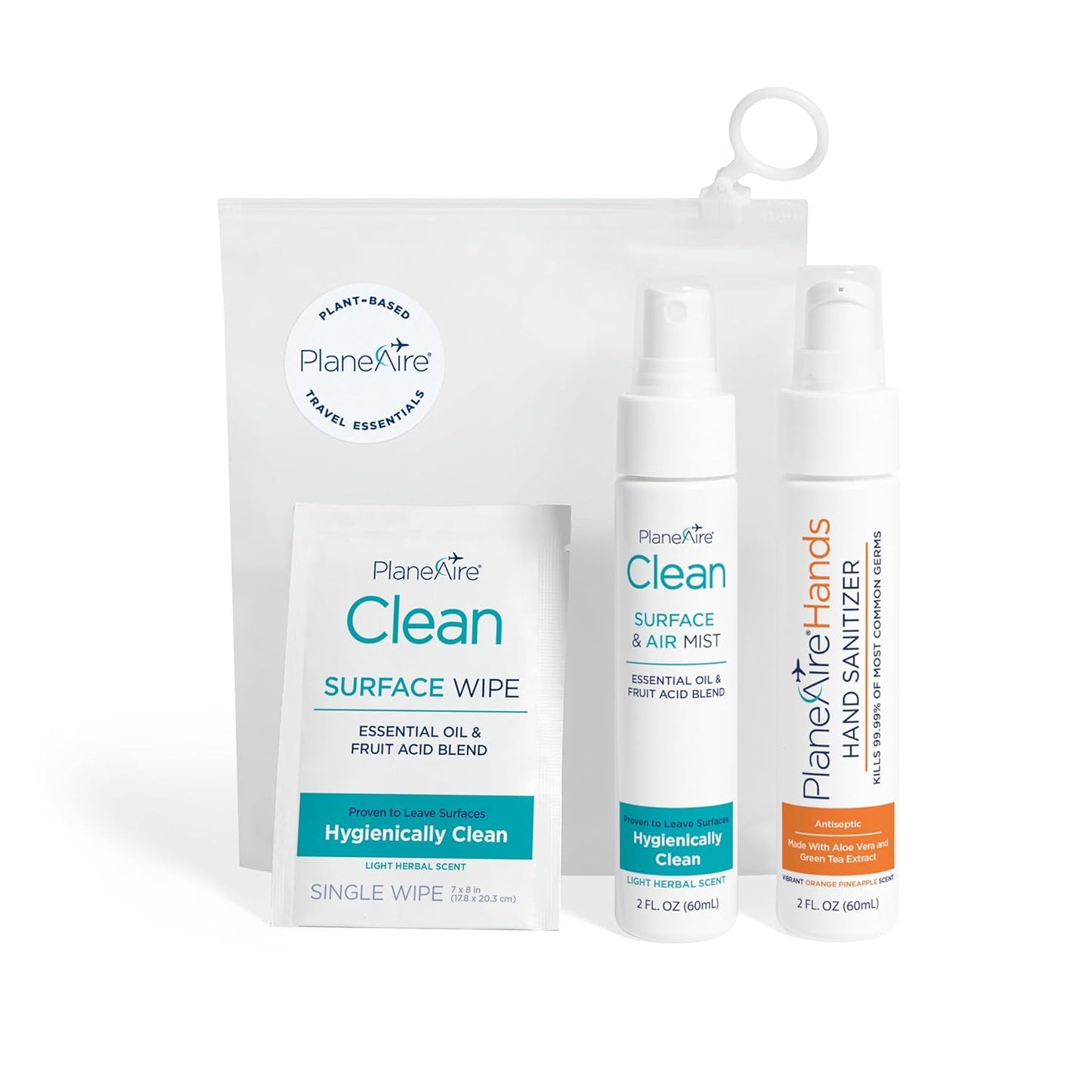 Travel Essentials | Hygiene Kit | Travel Toiletry Kit | Travel Size | Gel Hand Sanitizer Orange Pineapple Scent | Surface Wipes | Individual Travel Wipes | Surface Cleaner | Made with Essential Oils
