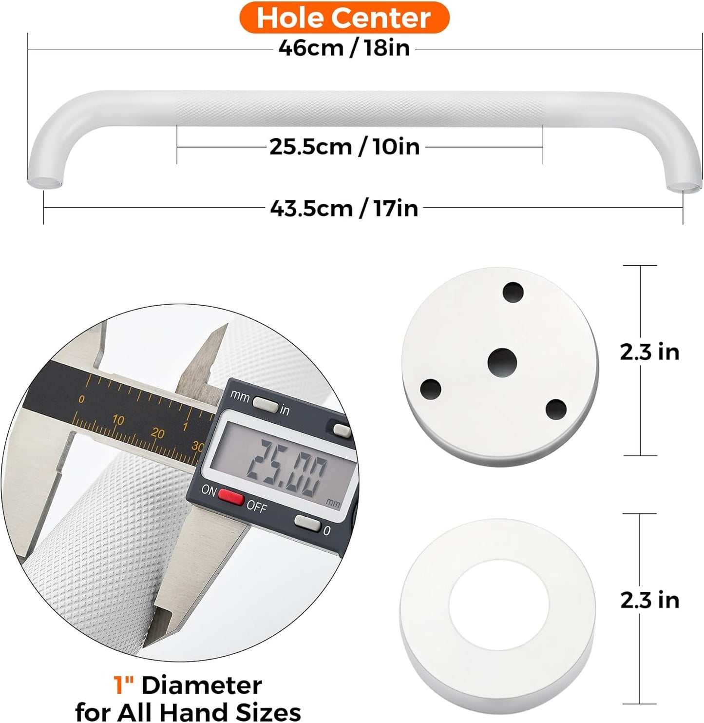 Grab Bars for Shower, 1 Pack 18-Inch Anti Slip Shower Handles for Elderly, Safety Shower Grab Bar, Stainless Steel Handicap Grab Bars for Bathroom (White 1" Diameter)