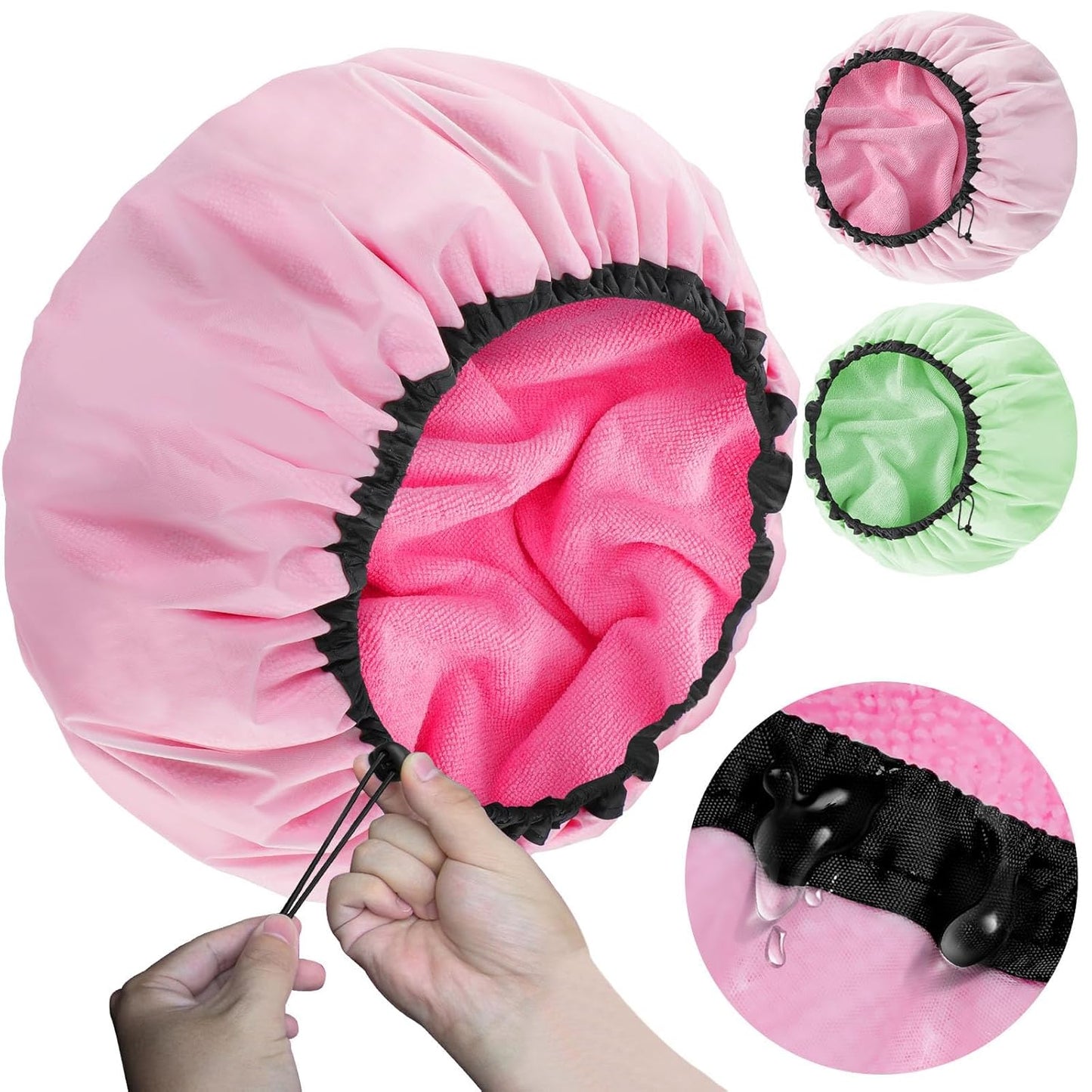 2 Pcs 13.5" Dual Waterproof Design Adjustable Terry Shower Cap for Women and Men, EVA Double Layer Bath Cap Reusable for Braids, Long Hair, Dreadlocks
