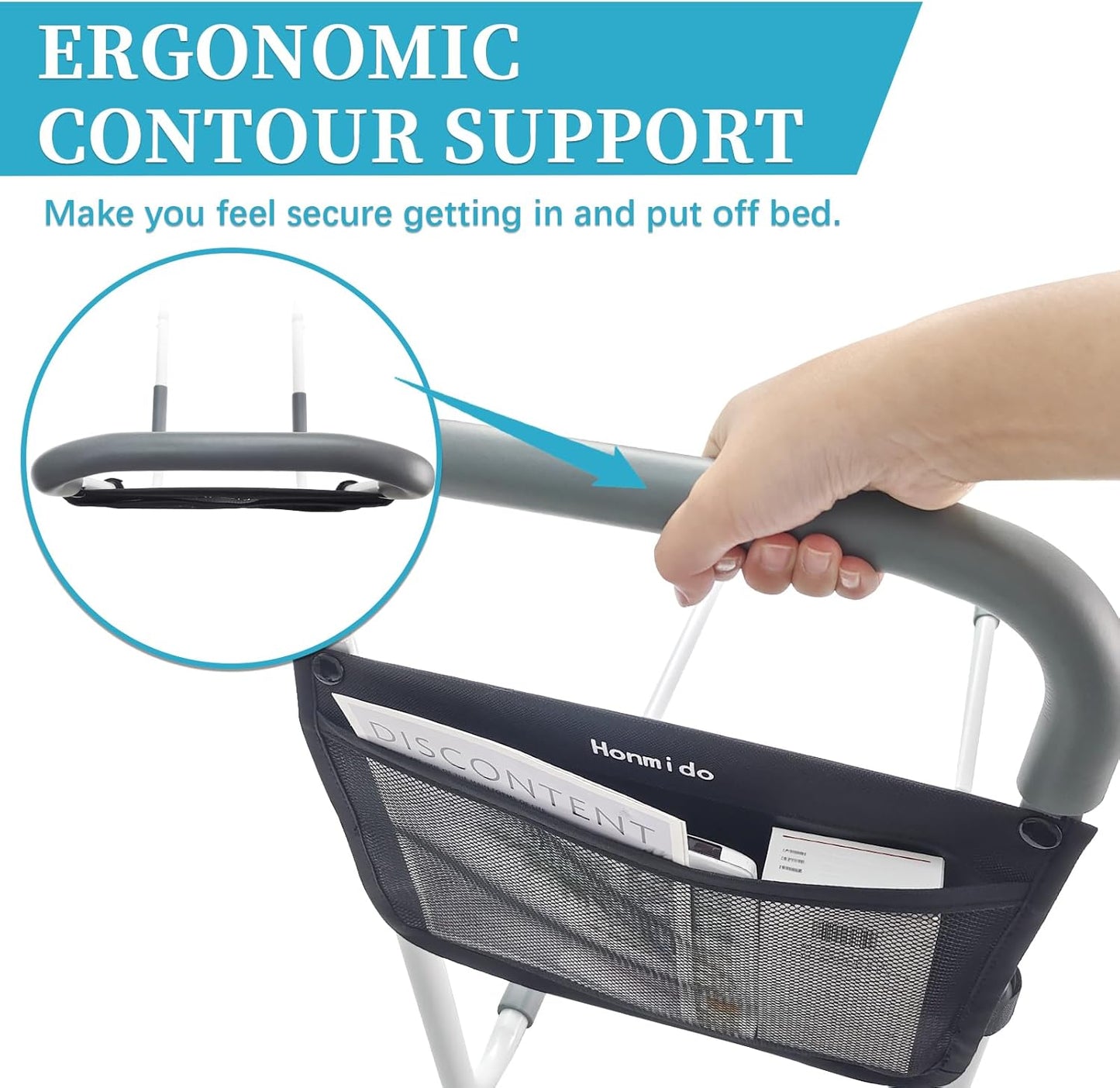 Bed Rails for Elderly Adults Safety Height Adjustable Bed Assist Rail for Seniors Bedside Fall Prevent Grab Bar with Storage Pocket Fits King Queen Full Twin Bed(Light Grey Handle)