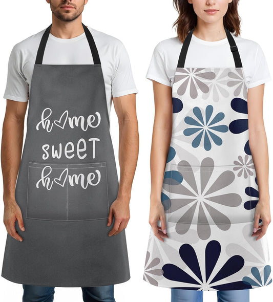 2 Pack Aprons, Home Sweet Blue Grey Adjustable Bib Aprons with 2 Pockets for Women Men Couple Lovers Chef Kitchen Cooking Baking Gardening Geometric Flowers Daisy Apron 32x28 Inches