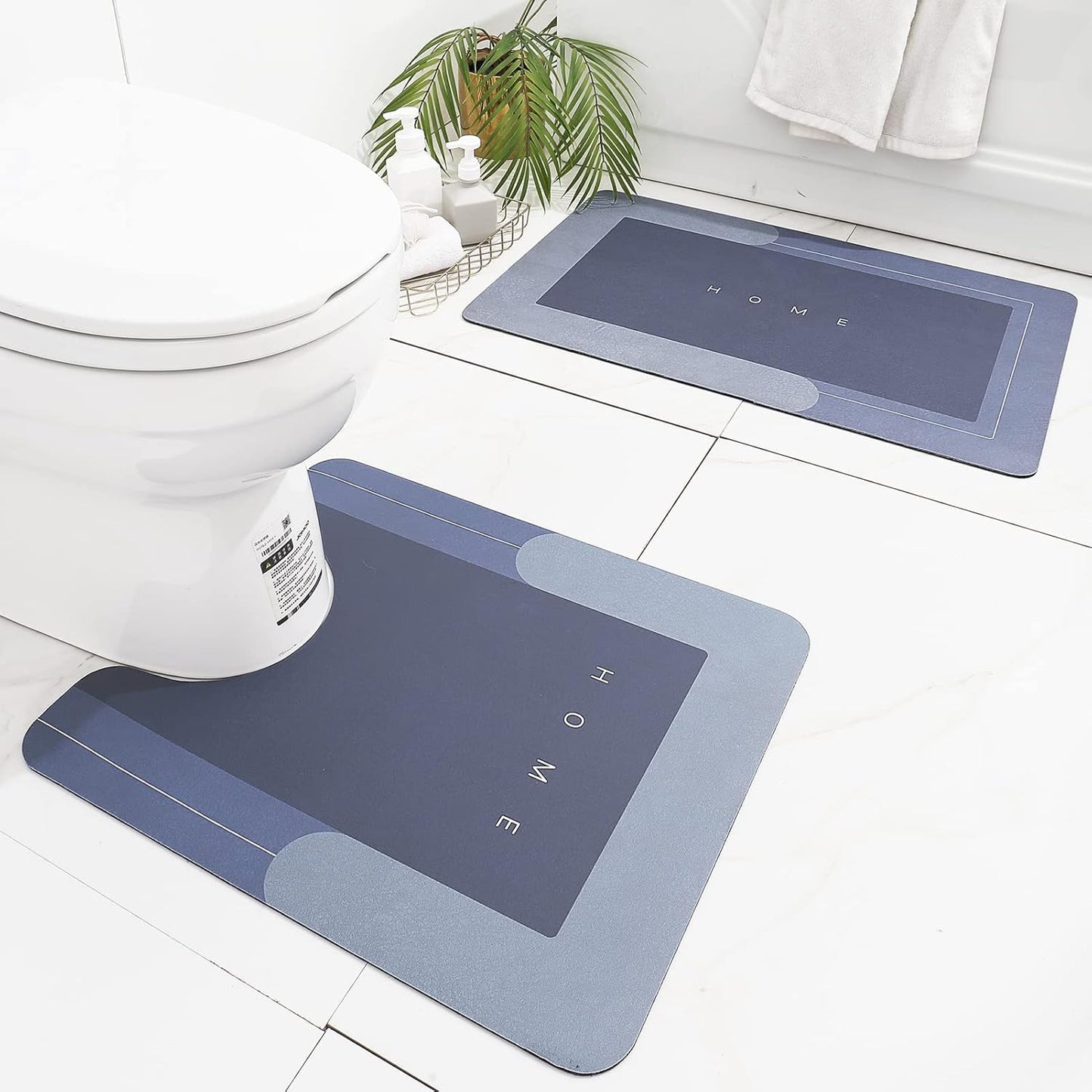 HelloTree 2Pcs Ultra Soft Napa Skin Bath Mat and U-Shaped Toilet Rug, Water Absorbent and Non Slip Shower Bath Rug for Bathroom, Tub and Shower - 20"x32"+20"x24", Blue