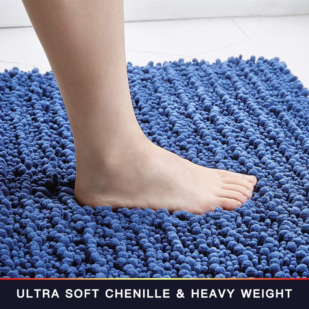 Walensee Bathroom Rug Non Slip Bath Mat (24x17 Inch Dark Blue) Water Absorbent Super Soft Shaggy Chenille Machine Washable Dry Extra Thick Perfect Absorbant Best Small Plush Carpet for Shower Floor