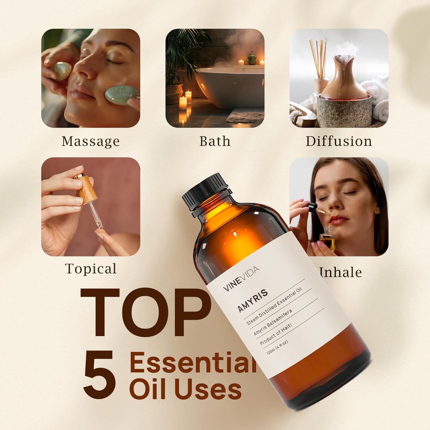 VINEVIDA Amyris Essential Oil 4 oz - Undiluted, DIY Candle Scents for Candlemaking - Bulk, Safe for Skin