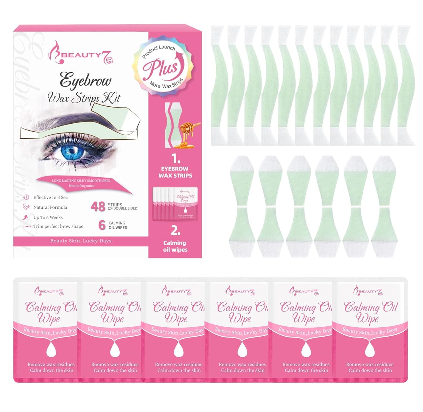 Beauty7 Fit Eyebrow Wax Strips Plus Volum, Pre-cut Facial Hair Removal, Lip Hair Removes, at Home Waxing 48 Strips, 6 Calming Oil Wipes, for All Skin Types Women