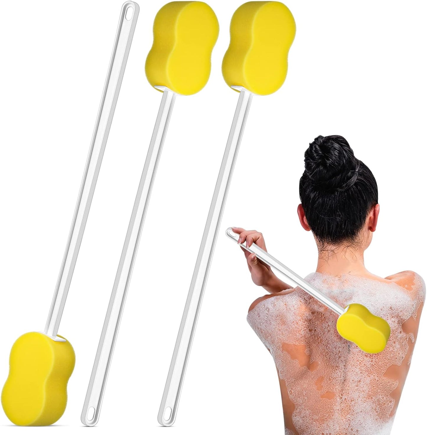 3 Pieces Long Handle Sponge 22.4'' Back Sponge on a Stick Body Brush Handled Washer Scrubber for Foot Body Limited Motion(Yellow)