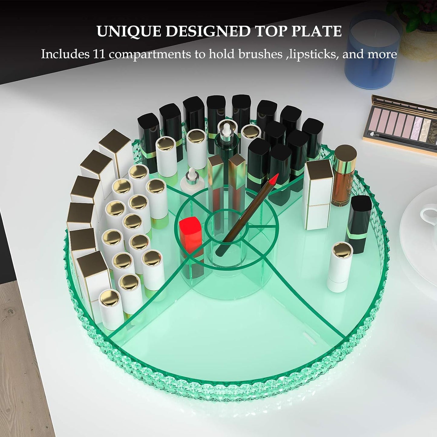 360 Degree Rotating Makeup Organizer, Extra Large Capacity Organizador De Maquillaje, Removable DIY 7 Layers Cosmetics Organizer, Acrylic Perfume Organizer for Vanity Countertop (Green)