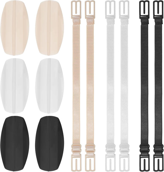 12 PCS Bra Strap Cushion, Gel Pads Anti-Slip Bra Accessories, Silicone Discomfort Slip Shoulder Protectors Pads Strap Holders Non Slip for Bra Straps Women (Black, Skin Color, White)