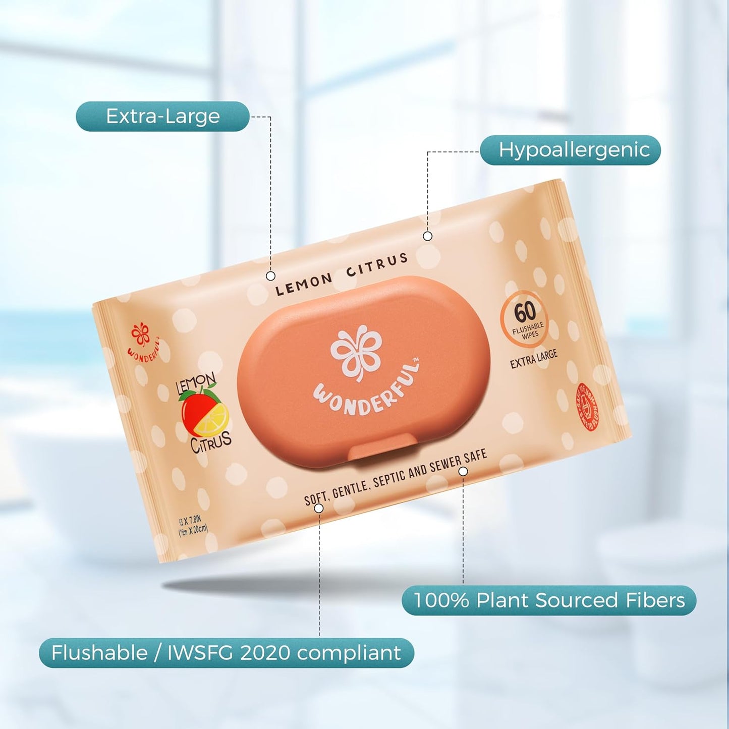 WONDERFUL Flushable Wipes, Lemon Citrus 100% Plant-Based Wet Butt Wipe for Adults & Kids, Sewer Septic Safe, Gentle for Sensitive Skin, Wipes Flushable Pack for Bathroom & Travel, 6-Pack (360 Counts)