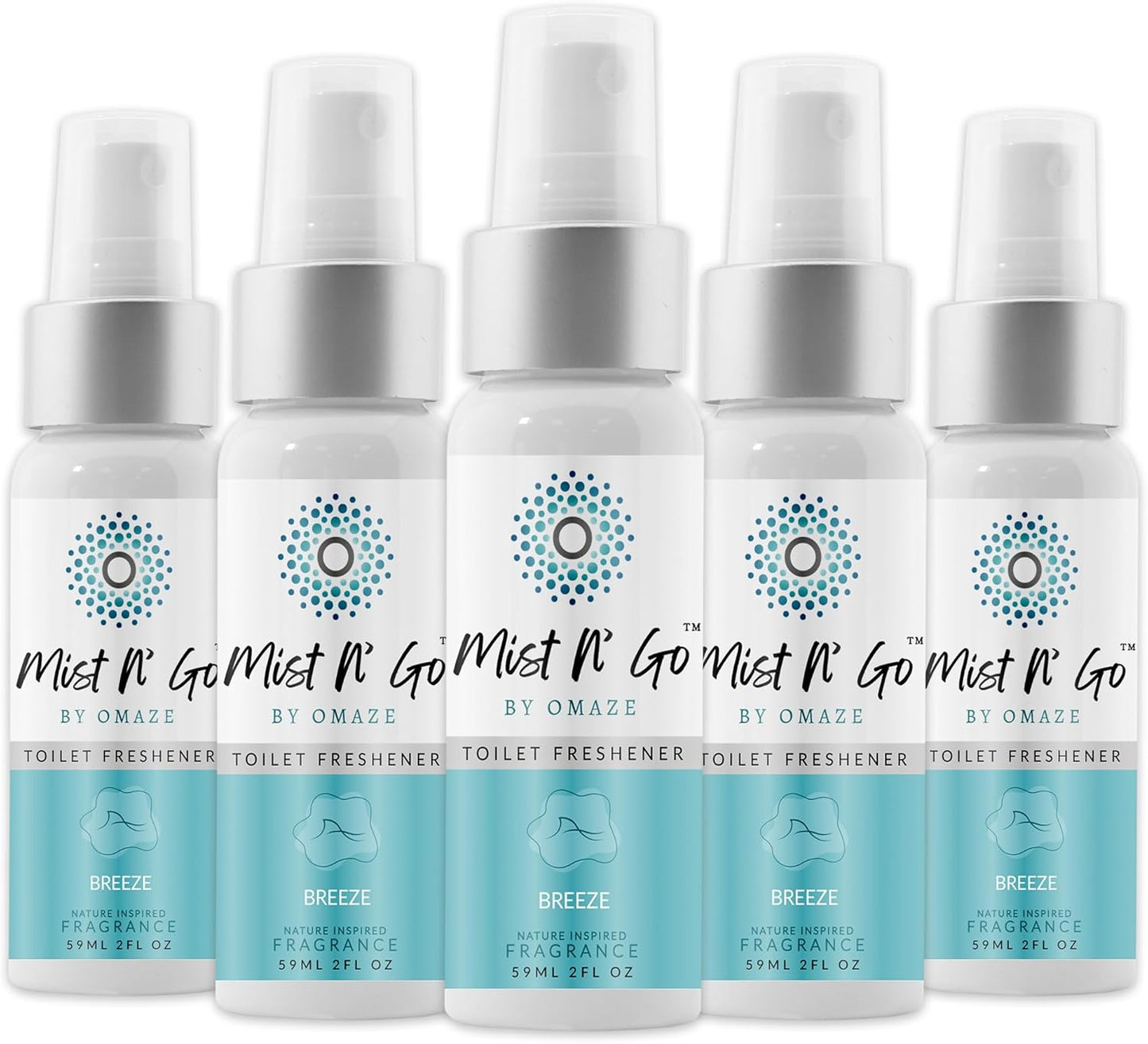 Mist N’ Go by Omaze Travel Bathroom Spray for Toilet Spray Odor Eliminator - Travel Toilet Spray for Bathroom Air Freshener Spray for Bathroom Deodorizer - Breeze Regular Size (2oz x5)