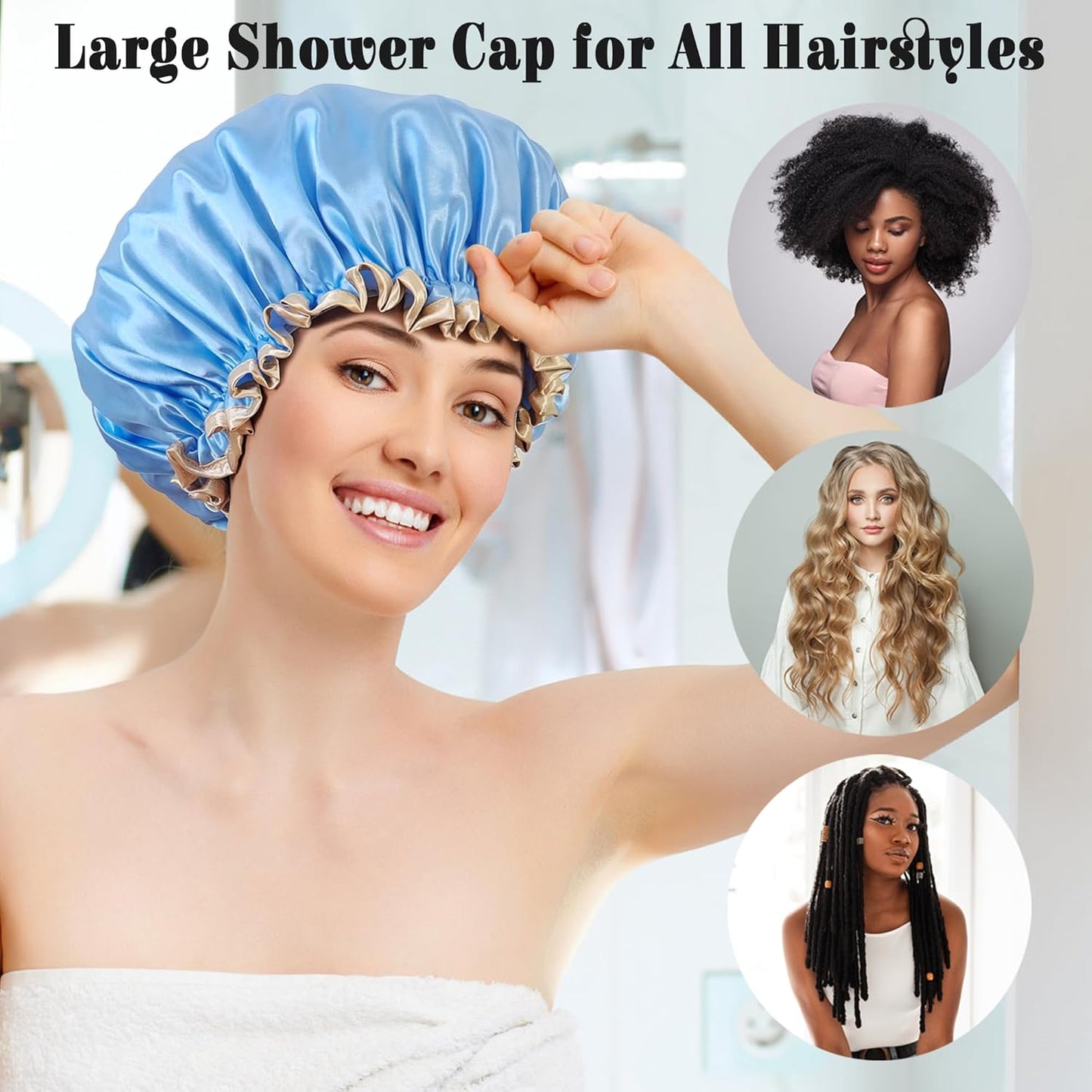 Shower Cap Reusable Waterproof, Large Shower Cap for Women, Shower Caps for Braids Long Hair, Double Layer Satin Plastic Hair Cap for Shower