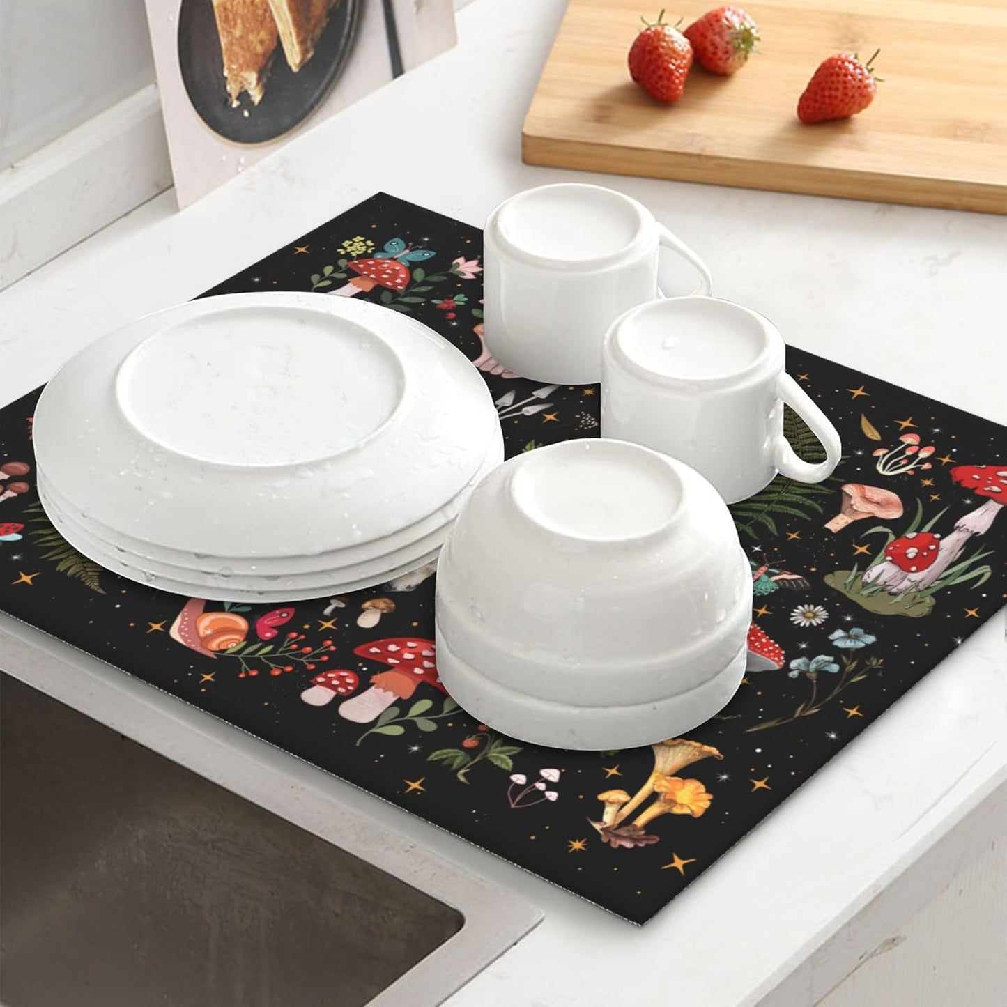 Mushroom Dish Drying Mat for Kitchen Counter Moth Gothic Witchy Dish Drainer Rack Mats 16x18 Inch Absorbent Reversible Black Drying Pad