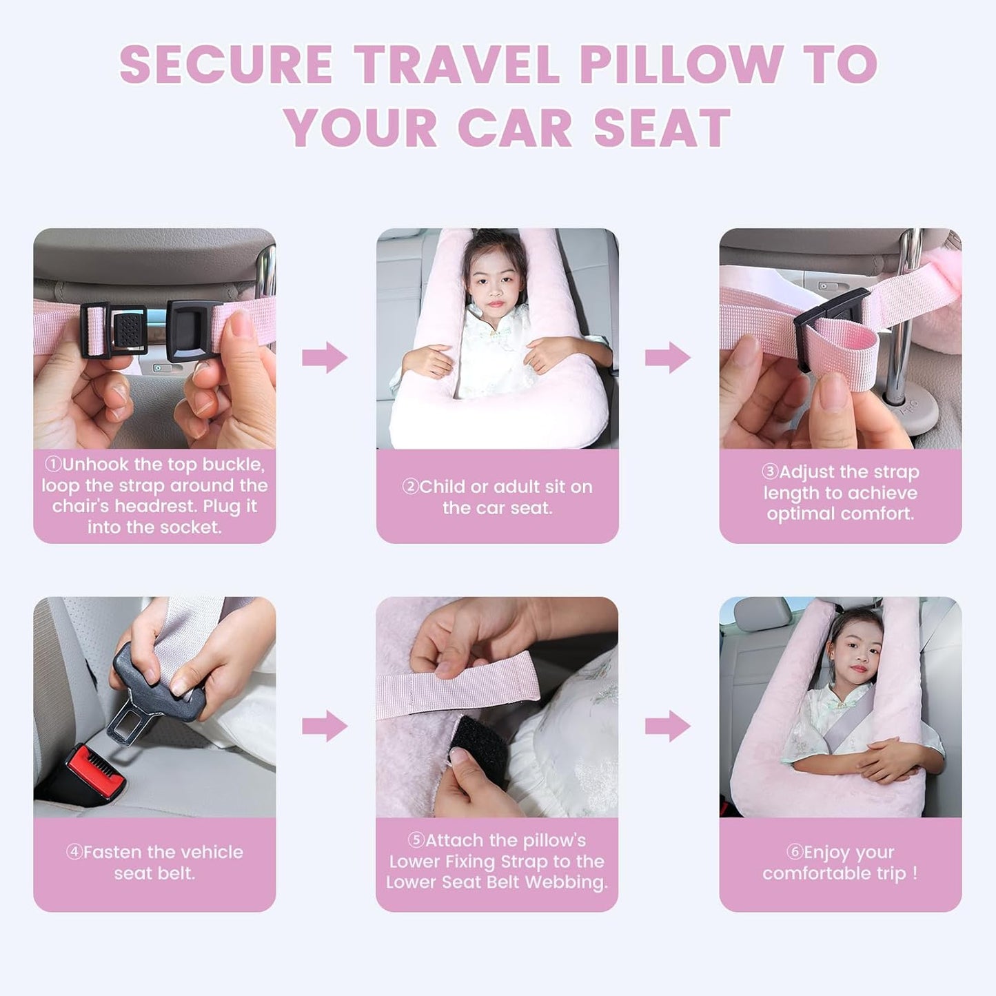 Car Pillow for Kids, Professional Inflatable Kids Car Pillow for Sleeping Carseat Travel - Safe, Reliable - Inflatable Travel Pillows for Kid Adult Car Seats Pink