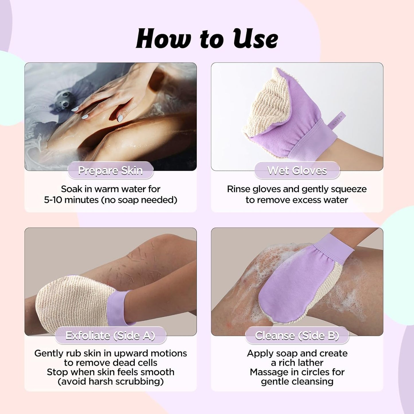 LOTTA Dual-Sided Exfoliating Gloves - Natural Viscose & Sisal for Deep Body Scrub & Massage - Gentle for Sensitive Skin - Replaces Loofah (Purple-Medium)