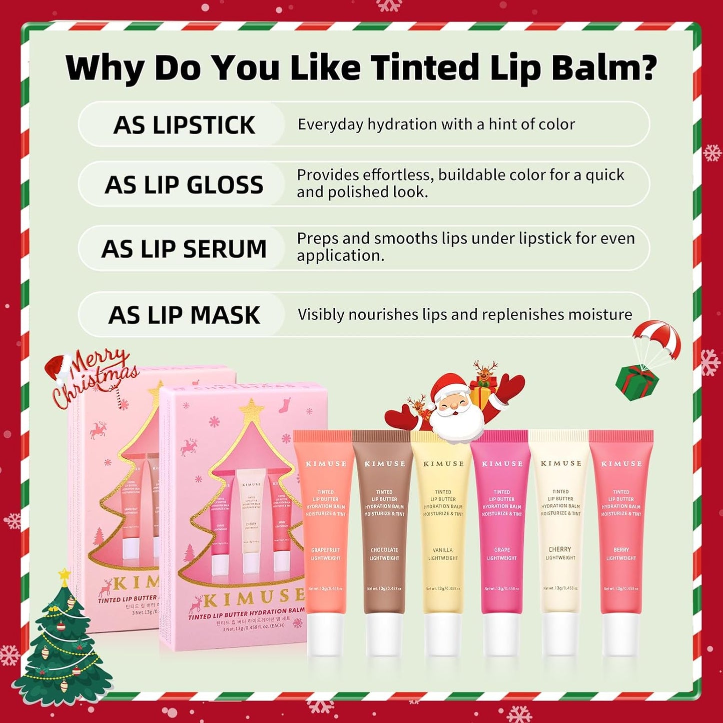 KIMUSE 6 Pcs Tinted Lip Butter Hydration Balm Set, 6 Flavored Shades Hydrating Plumping Gloss with Hyaluronic Acid & Vitamin E, Sheer Tint, Non-Sticky | Vegan Lip Care Makeup for Dry Lips & Daily