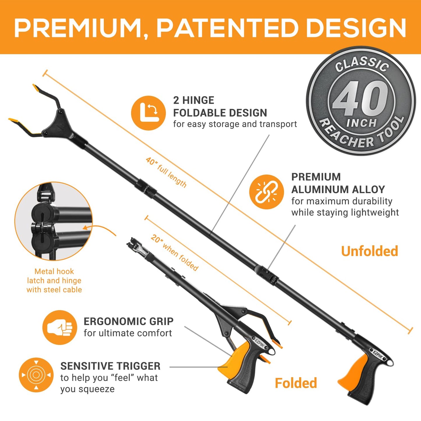 EZPIK Classic 40" Flexible Folding Grabber Tool for Elderly + Magnets, Reacher for Disabled & Seniors Heavy Duty Rotating Grippers for Reaching Underneath, Trash Grabbers & Pickers for Mobility