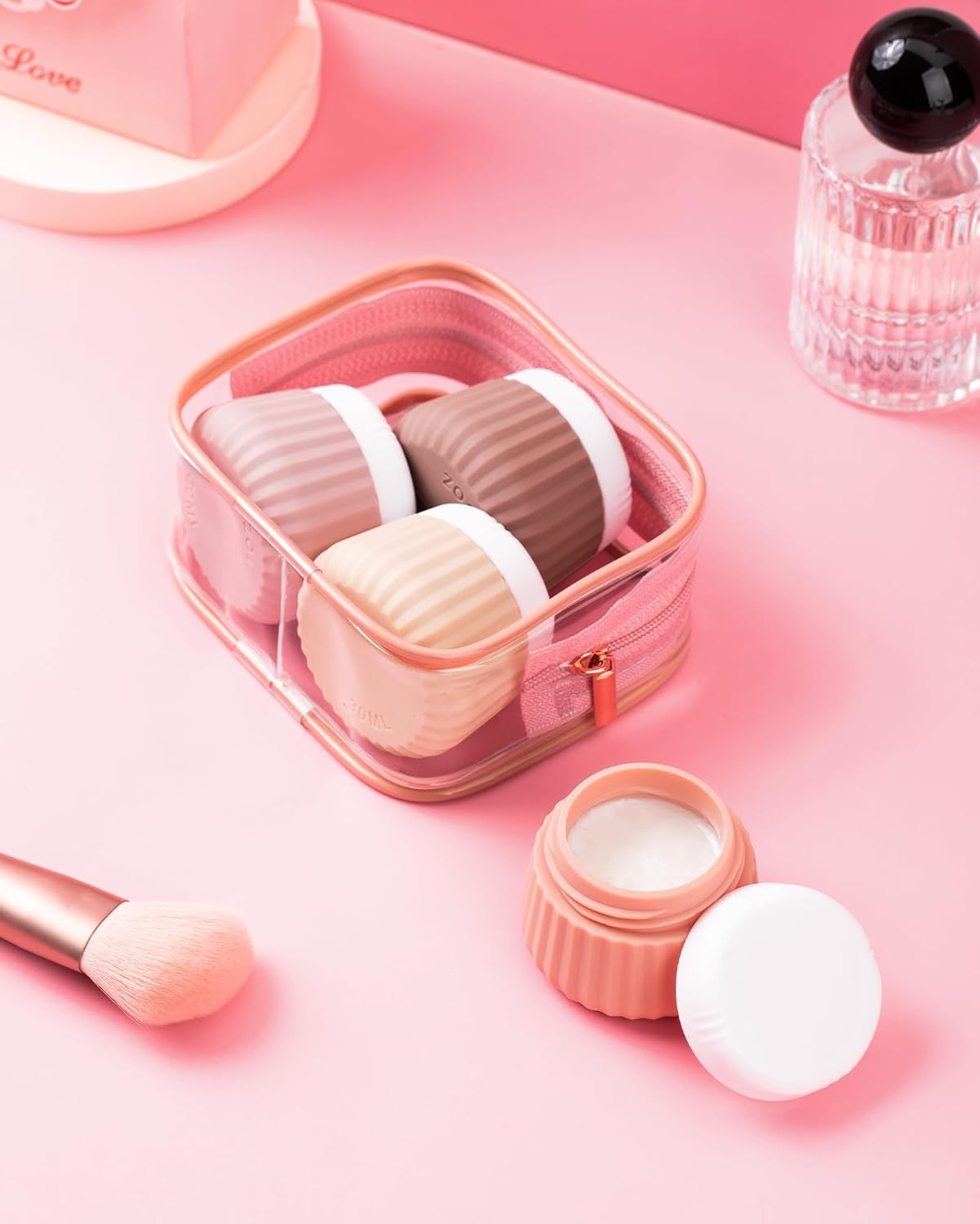 Travel Containers for Toiletries 4 Pack, TSA Approved Travel Size Toiletries, Portable Size Containers, With Clear Bag Leak Proof Silicone Jars, Essentials Creams Jars Carrying Small Items